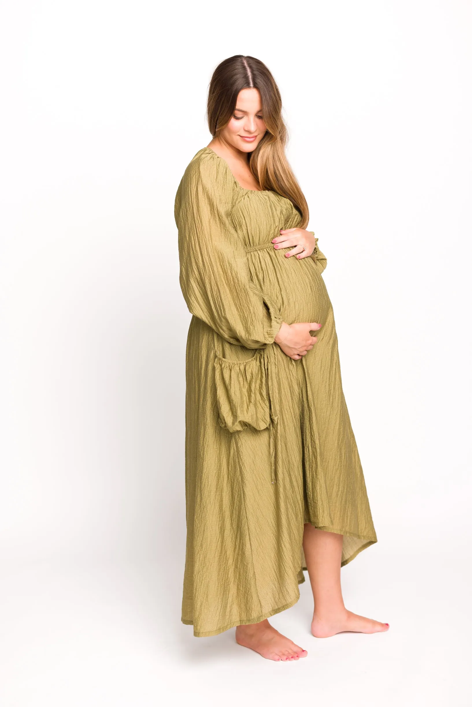 Ariana Long Sleeved Maxi Dress with Slouchy Pocket in Olive