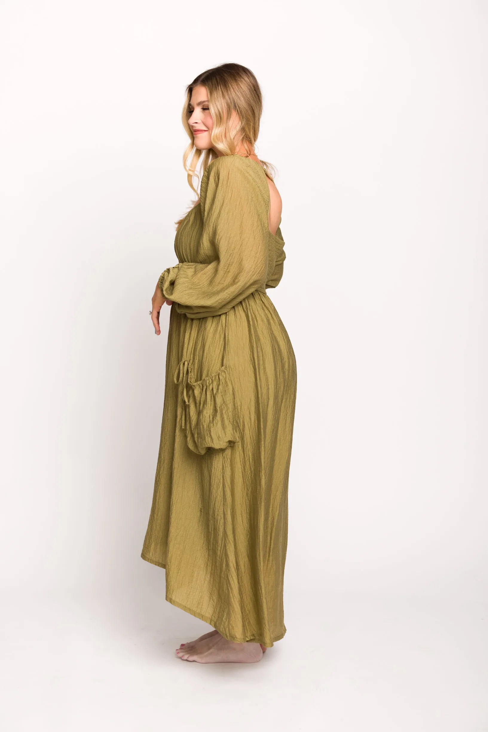 Ariana Long Sleeved Maxi Dress with Slouchy Pocket in Olive