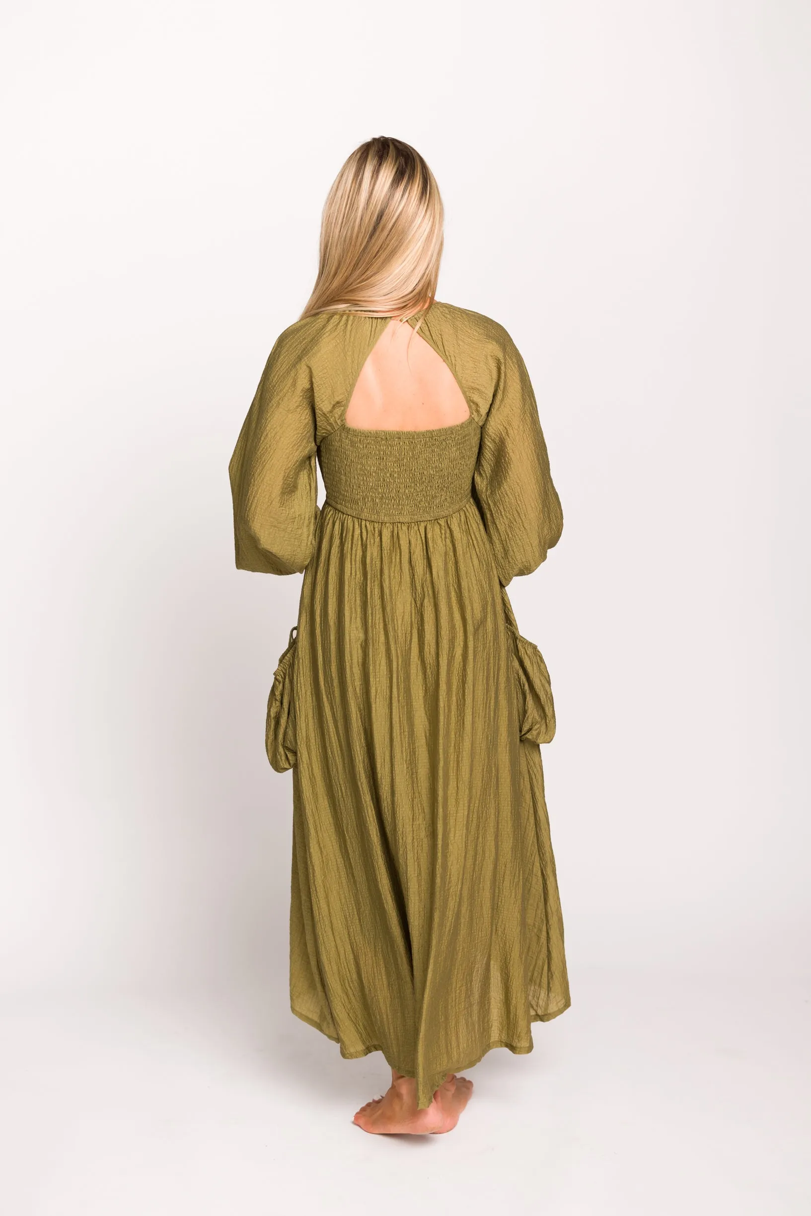 Ariana Long Sleeved Maxi Dress with Slouchy Pocket in Olive