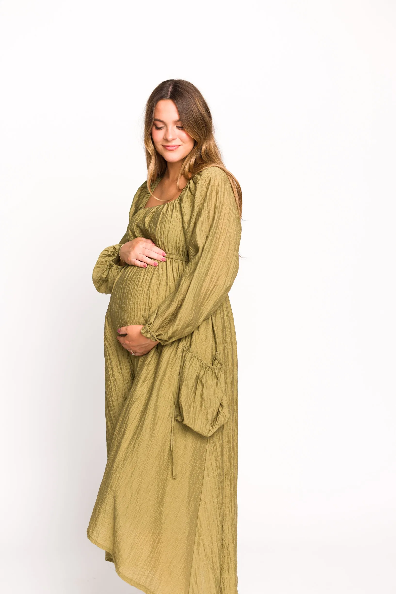 Ariana Long Sleeved Maxi Dress with Slouchy Pocket in Olive
