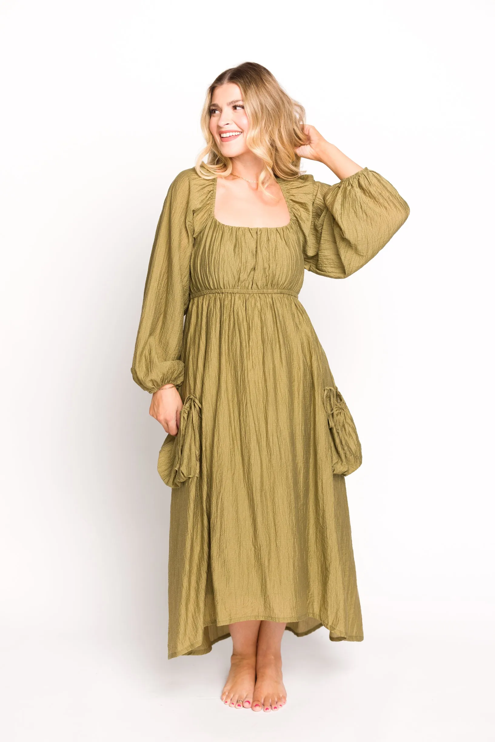 Ariana Long Sleeved Maxi Dress with Slouchy Pocket in Olive
