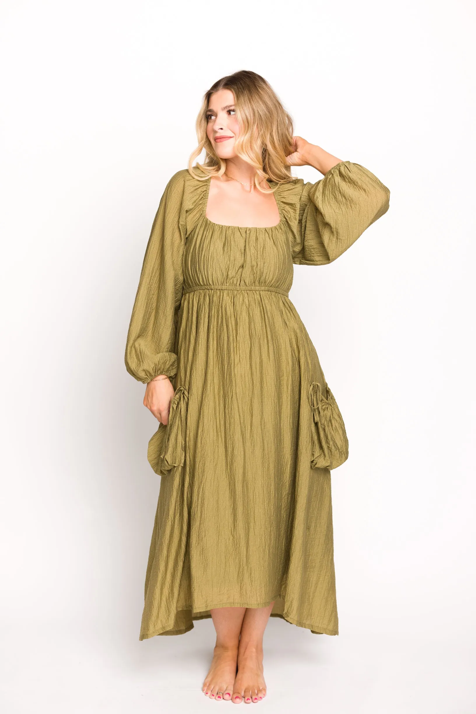 Ariana Long Sleeved Maxi Dress with Slouchy Pocket in Olive