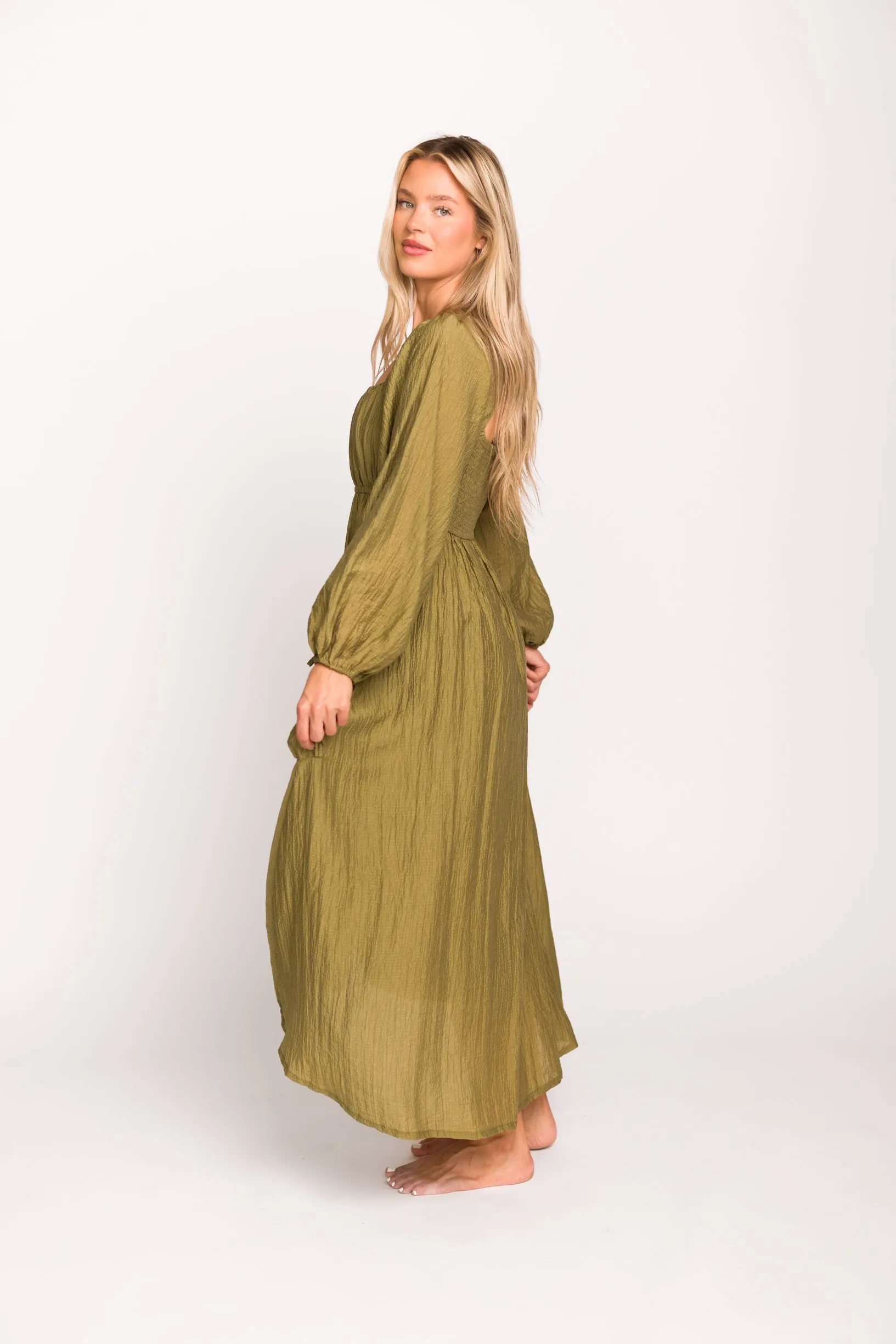 Ariana Long Sleeved Maxi Dress with Slouchy Pocket in Olive