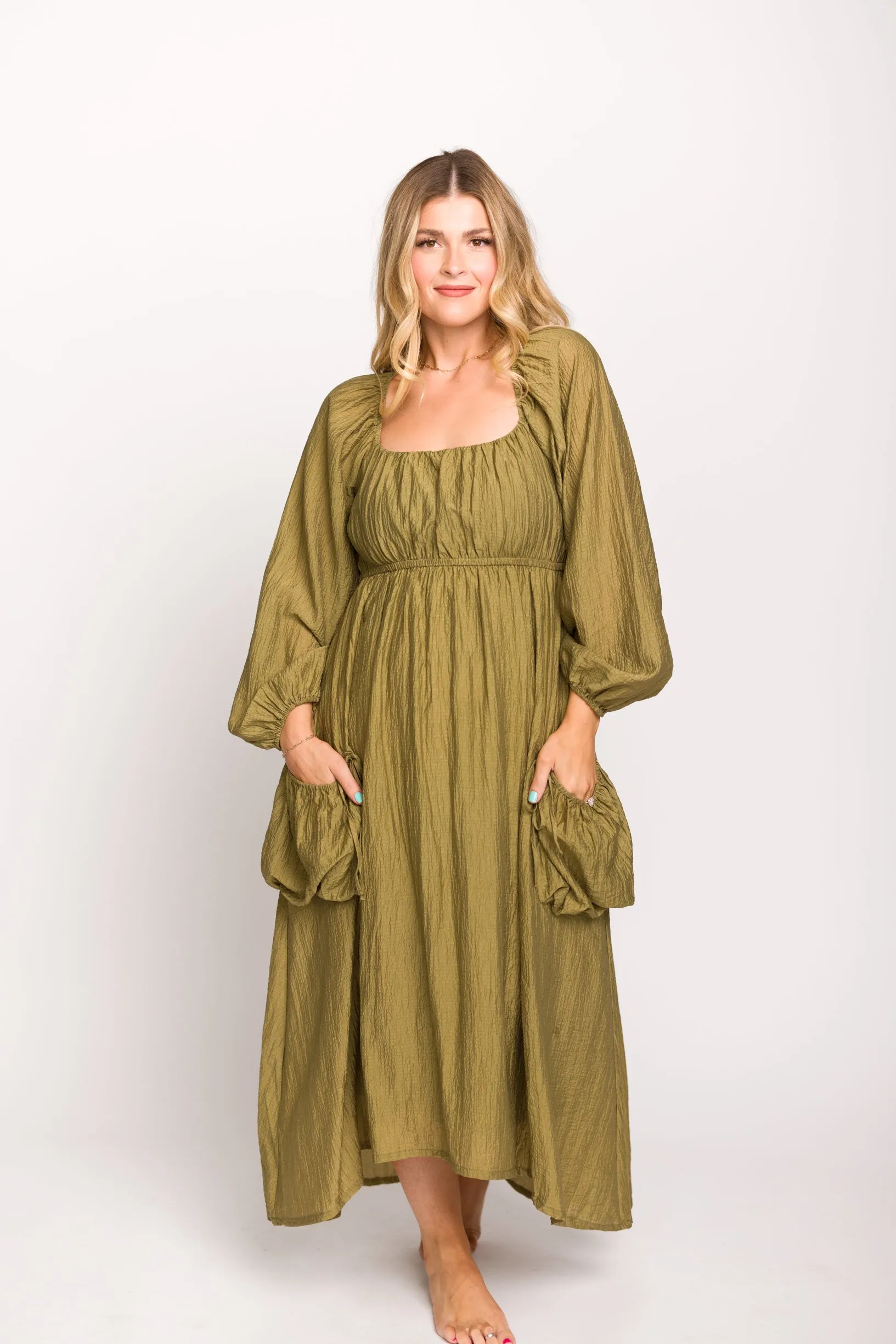 Ariana Long Sleeved Maxi Dress with Slouchy Pocket in Olive