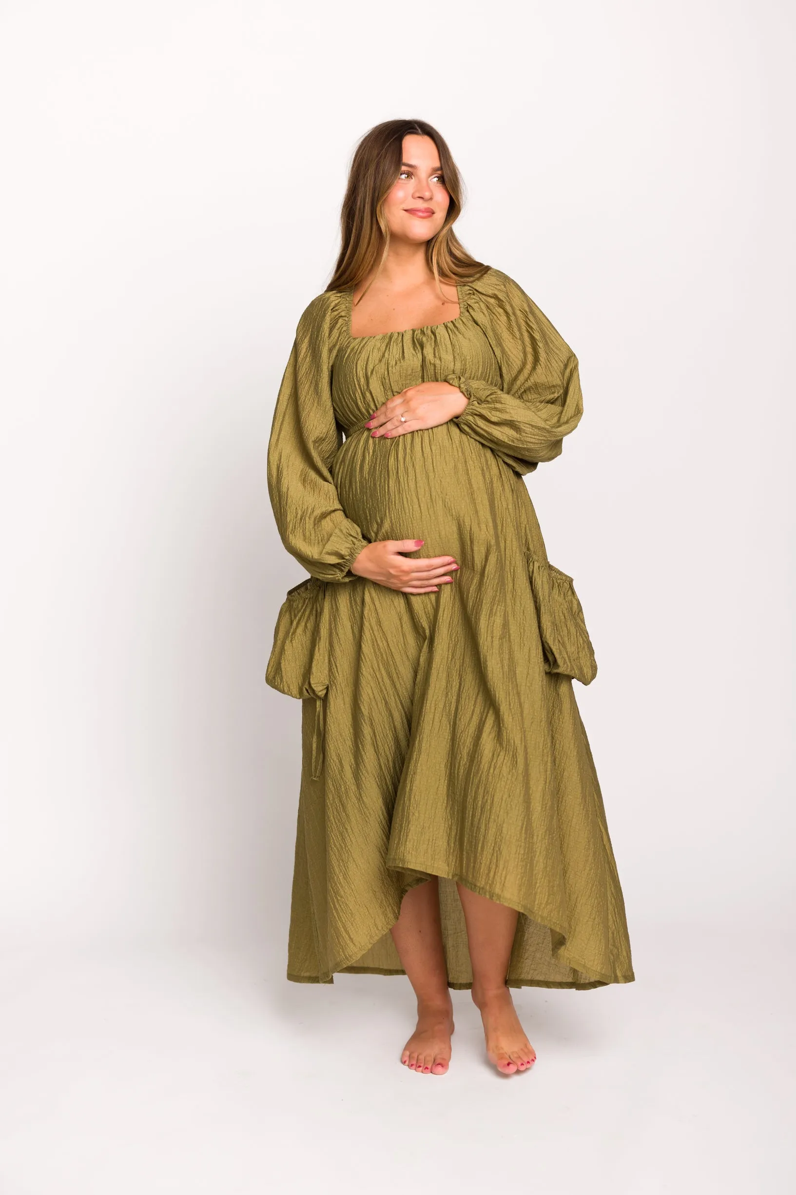 Ariana Long Sleeved Maxi Dress with Slouchy Pocket in Olive