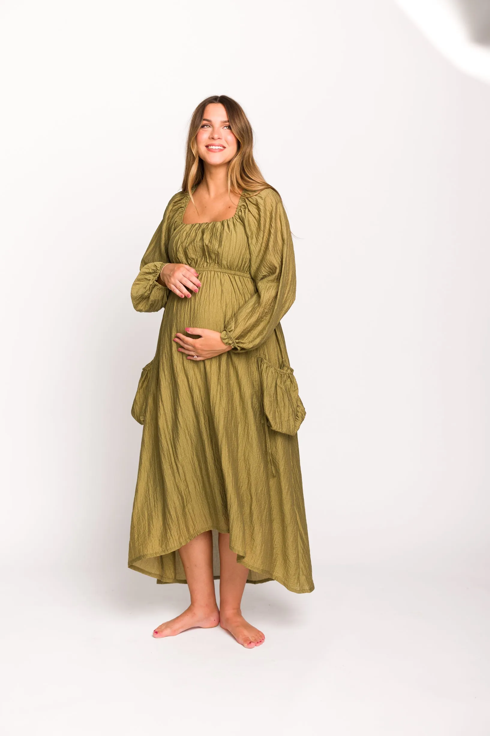 Ariana Long Sleeved Maxi Dress with Slouchy Pocket in Olive