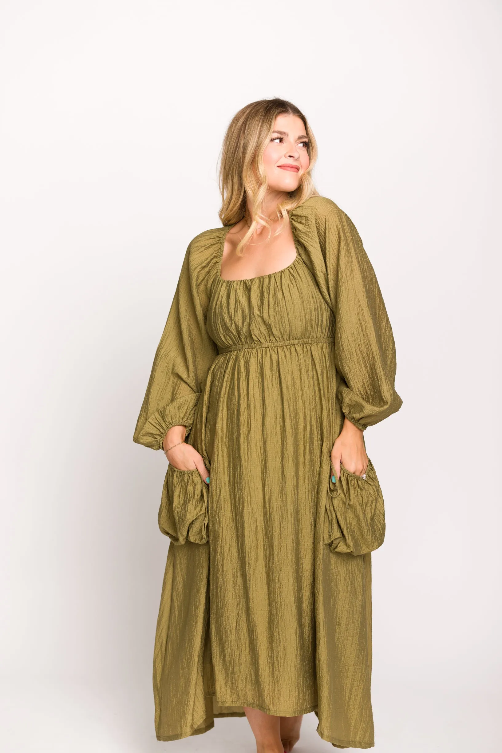 Ariana Long Sleeved Maxi Dress with Slouchy Pocket in Olive