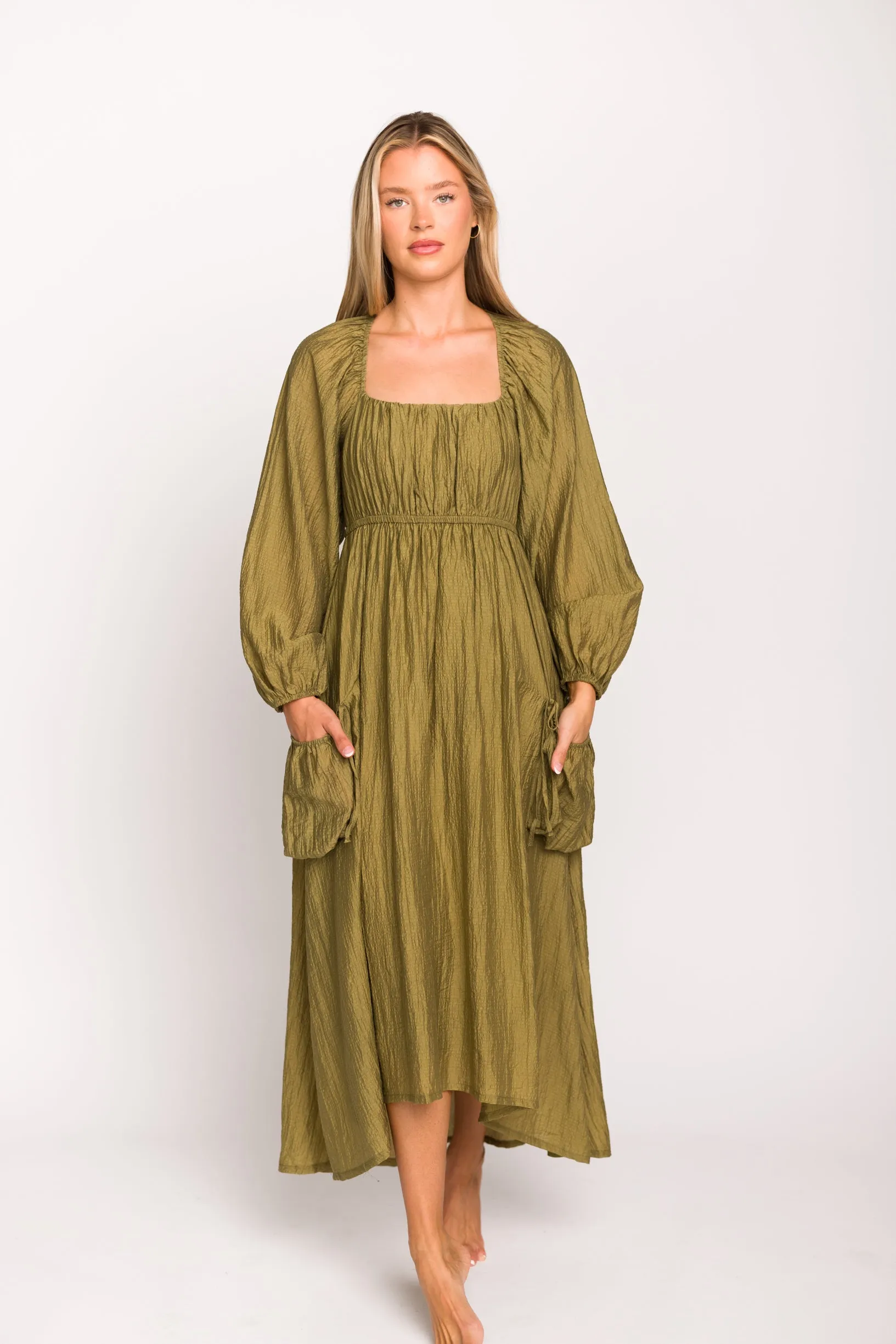 Ariana Long Sleeved Maxi Dress with Slouchy Pocket in Olive