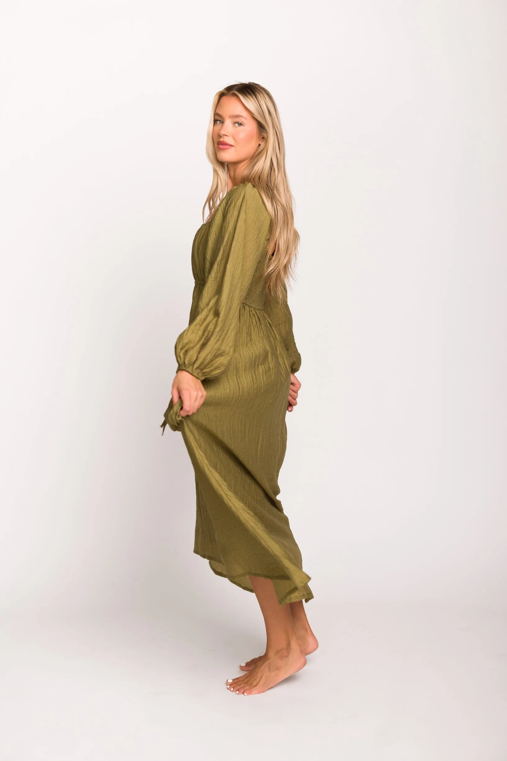 Ariana Long Sleeved Maxi Dress with Slouchy Pocket in Olive