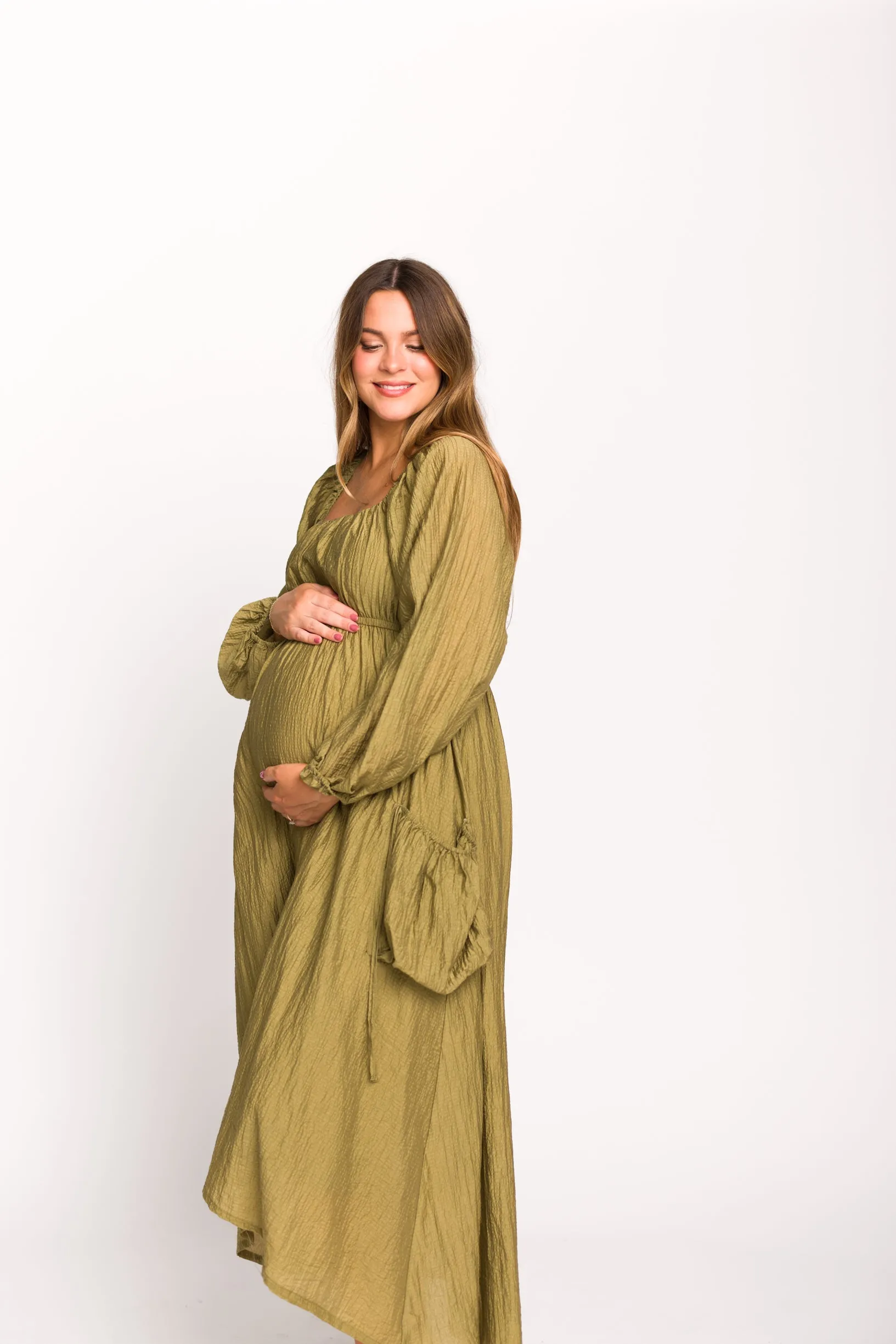 Ariana Long Sleeved Maxi Dress with Slouchy Pocket in Olive