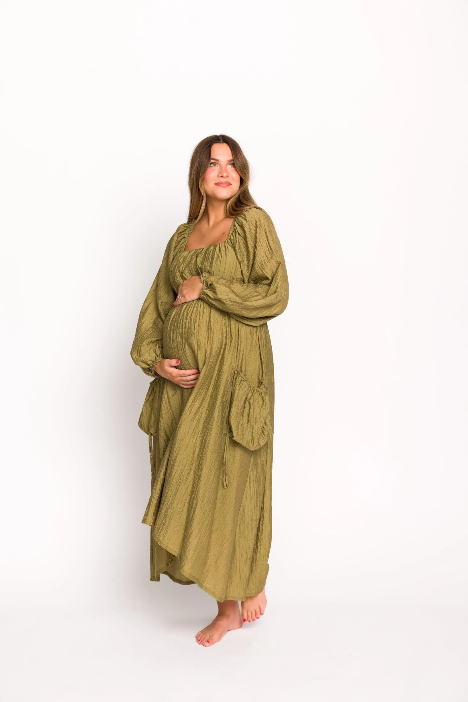 Ariana Long Sleeved Maxi Dress with Slouchy Pocket in Olive