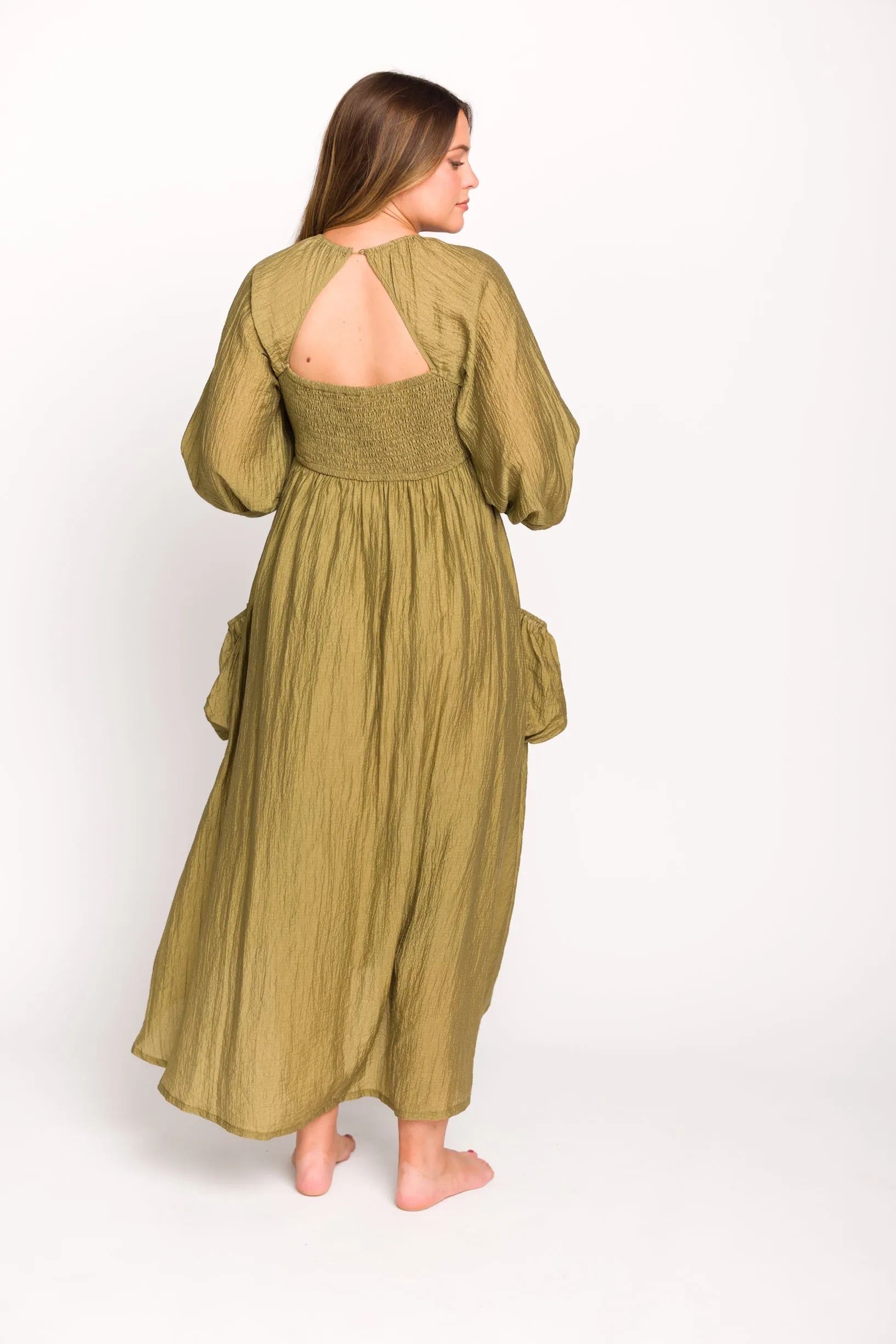Ariana Long Sleeved Maxi Dress with Slouchy Pocket in Olive