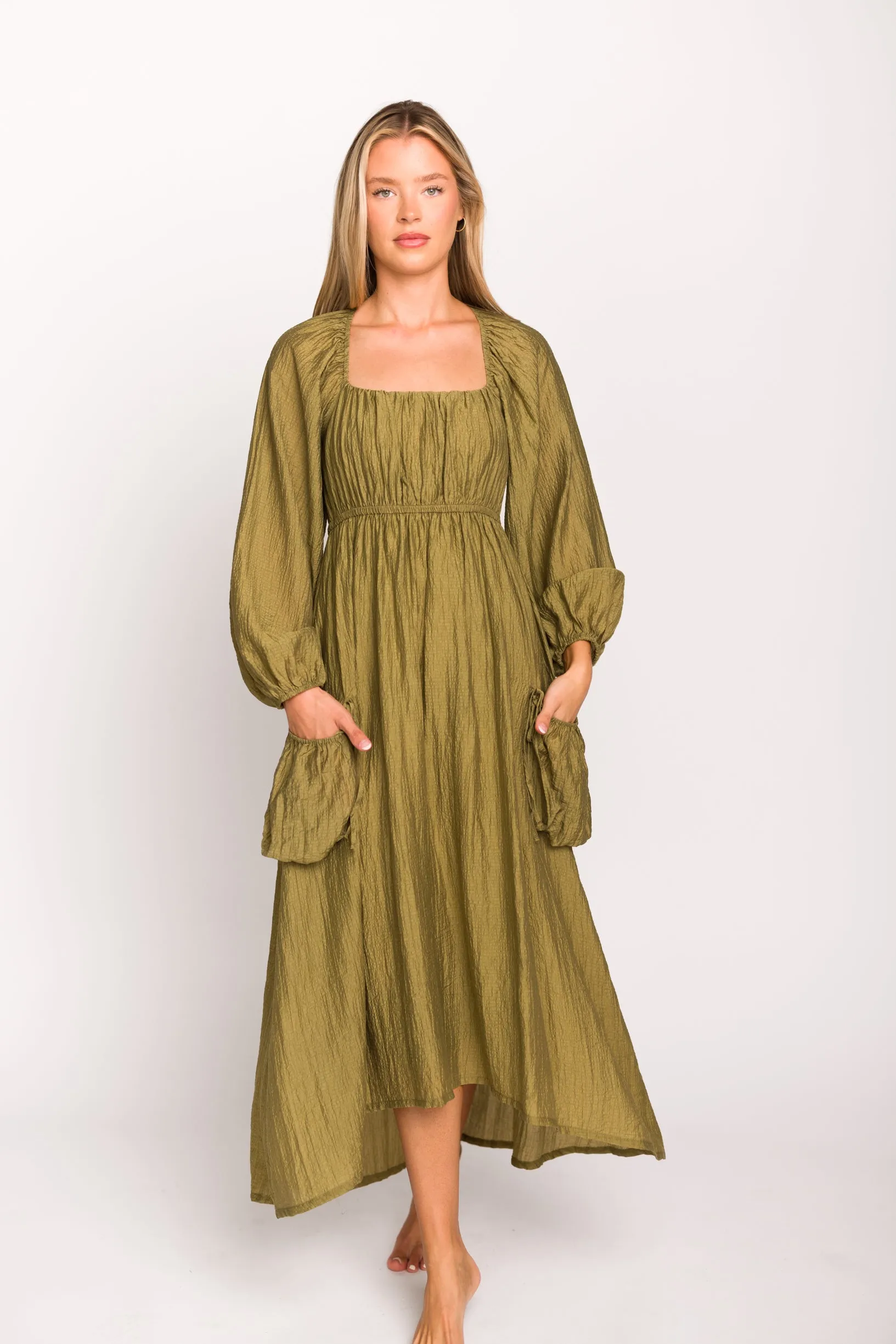 Ariana Long Sleeved Maxi Dress with Slouchy Pocket in Olive