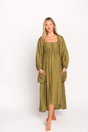 Ariana Long Sleeved Maxi Dress with Slouchy Pocket in Olive