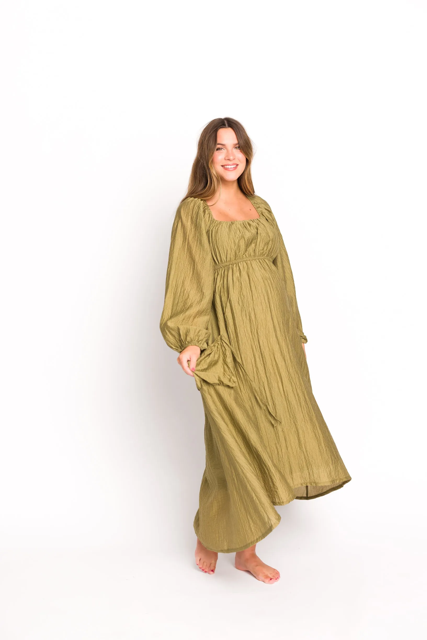 Ariana Long Sleeved Maxi Dress with Slouchy Pocket in Olive