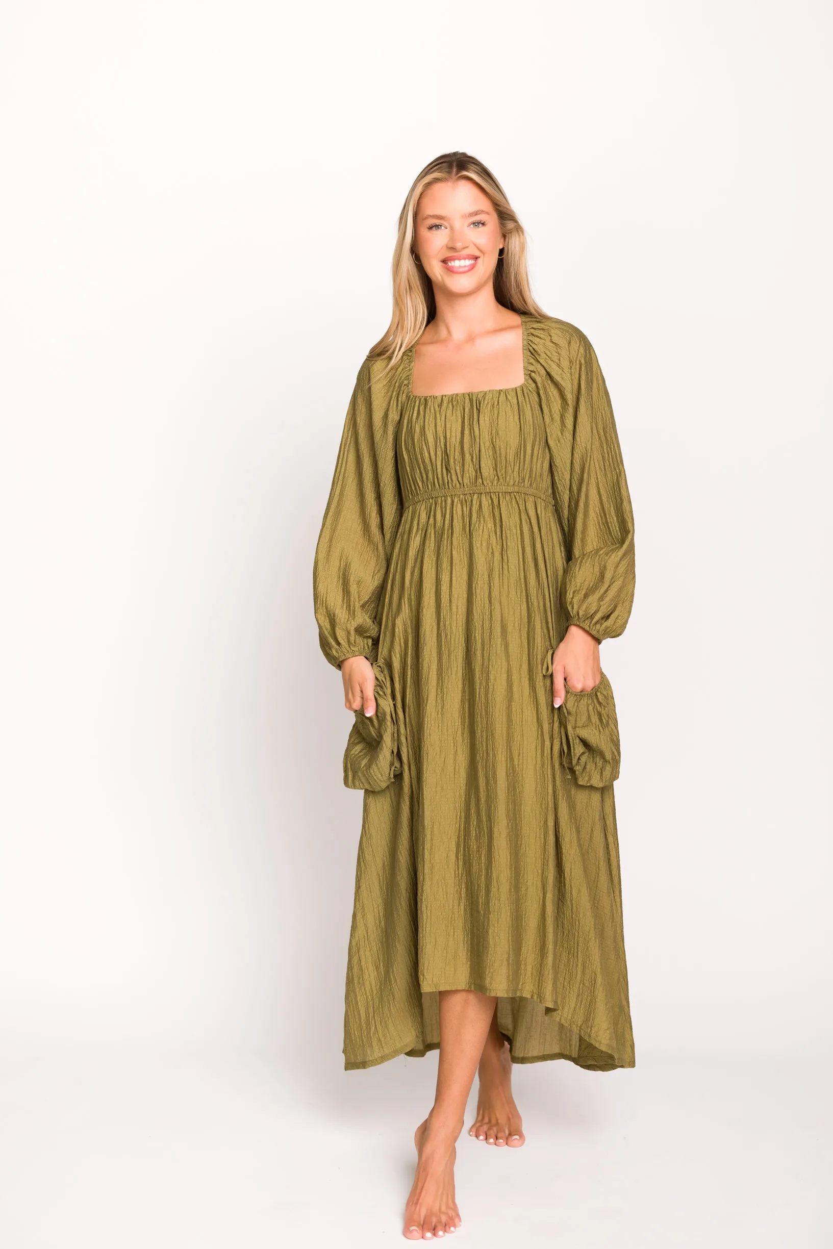 Ariana Long Sleeved Maxi Dress with Slouchy Pocket in Olive