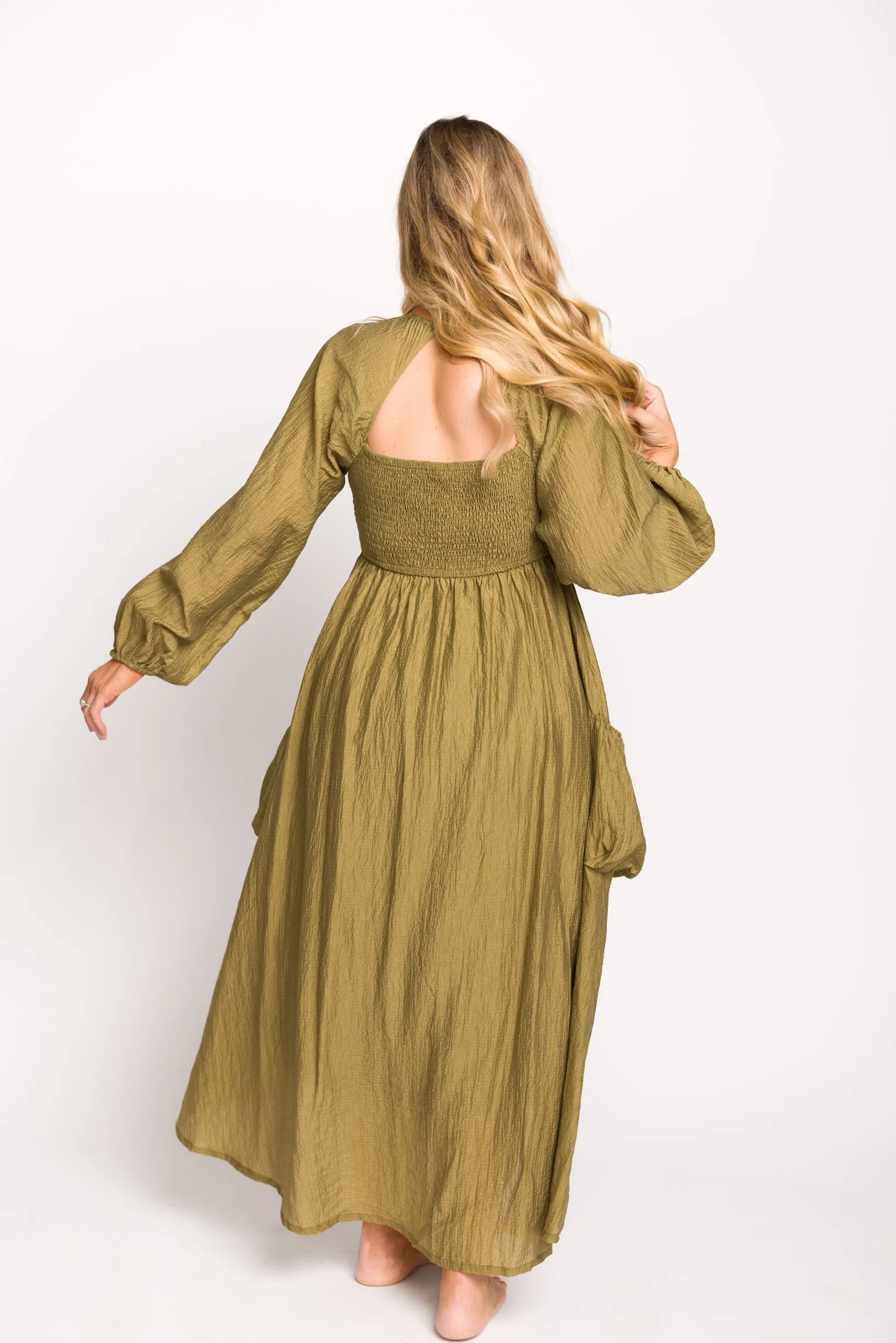 Ariana Long Sleeved Maxi Dress with Slouchy Pocket in Olive