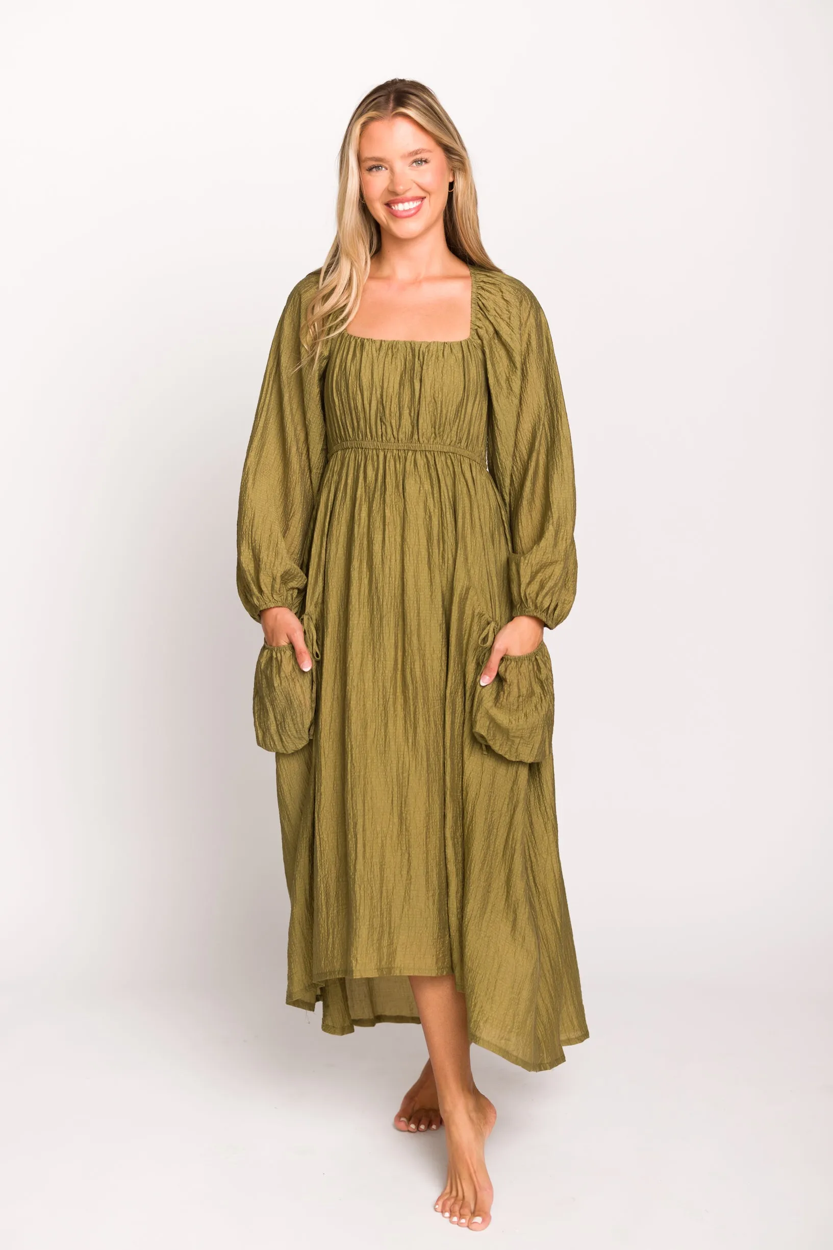 Ariana Long Sleeved Maxi Dress with Slouchy Pocket in Olive