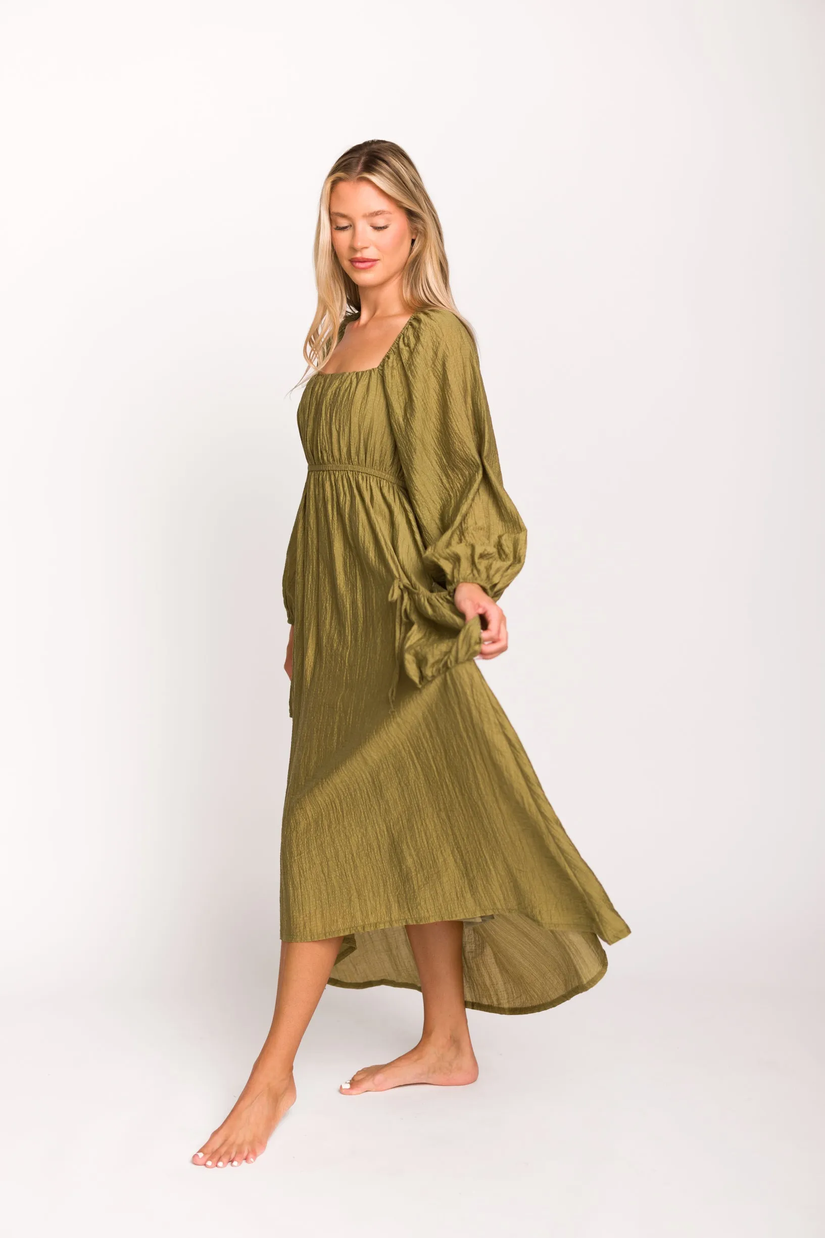 Ariana Long Sleeved Maxi Dress with Slouchy Pocket in Olive