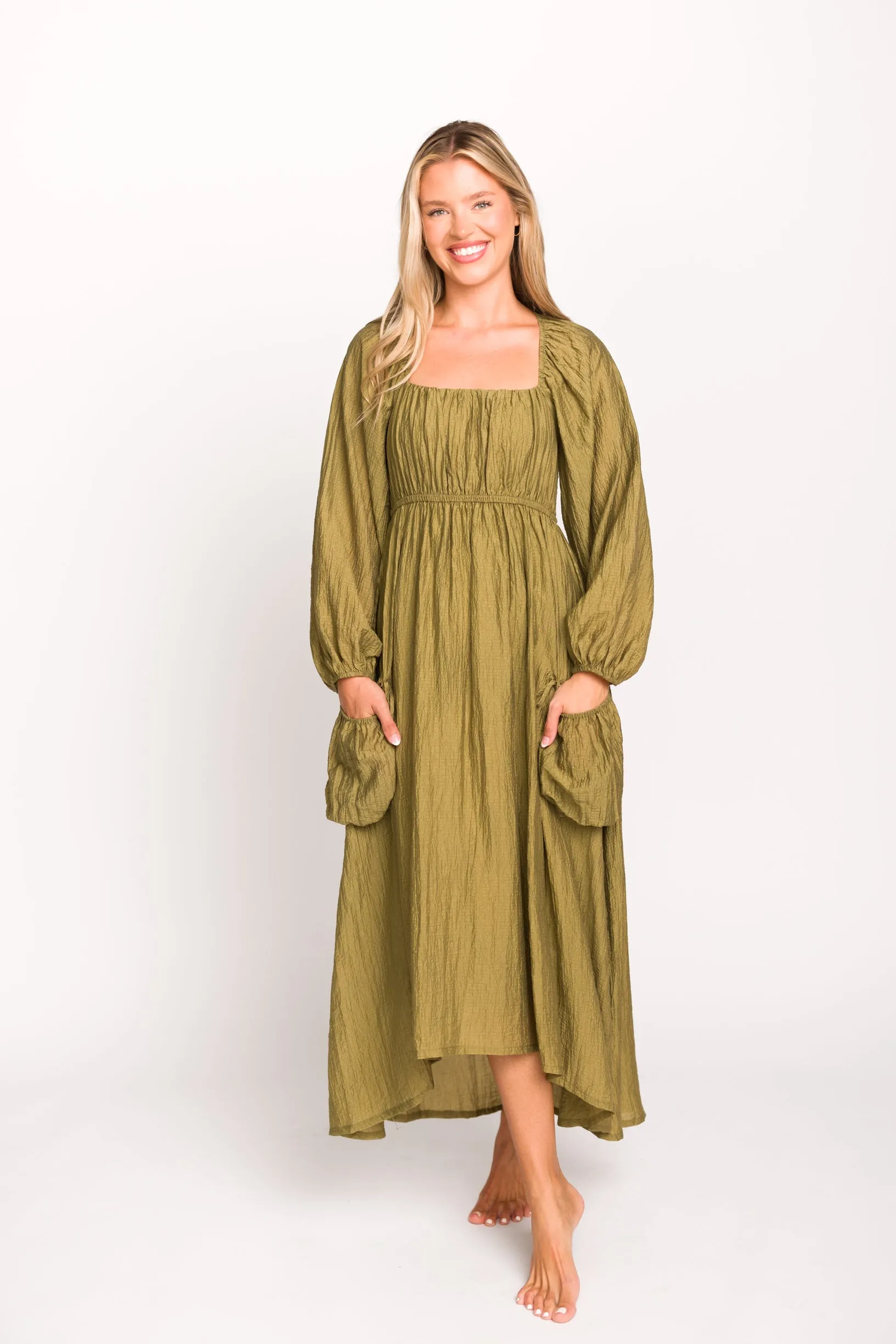 Ariana Long Sleeved Maxi Dress with Slouchy Pocket in Olive