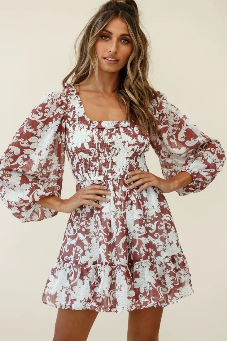 Athaliah Shirred Bust Balloon Sleeve Dress Ornate Print Maroon
