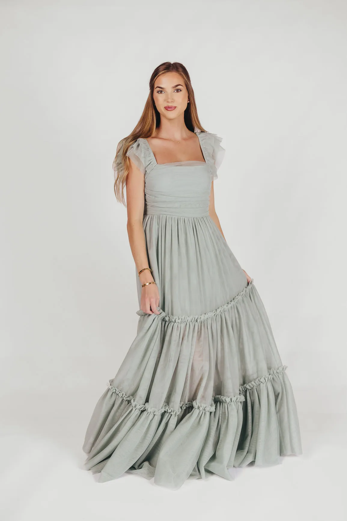 Bella Tiered Tulle Maxi Dress in Sage - Bump Friendly (Final Few)