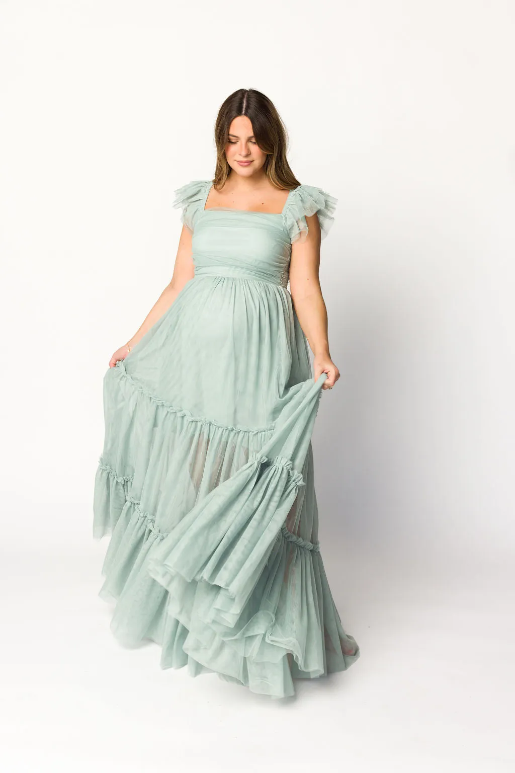 Bella Tiered Tulle Maxi Dress in Sage - Bump Friendly (Final Few)