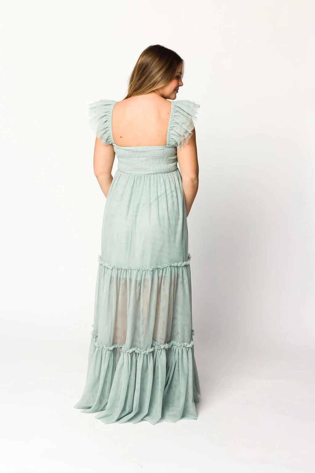 Bella Tiered Tulle Maxi Dress in Sage - Bump Friendly (Final Few)