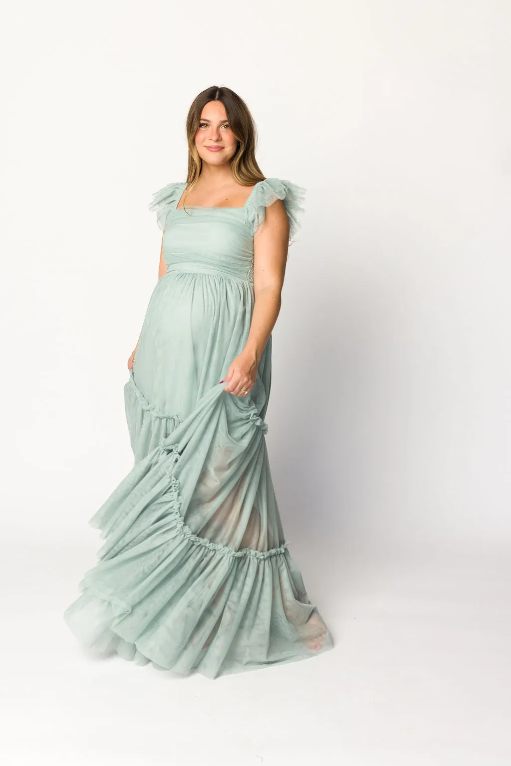 Bella Tiered Tulle Maxi Dress in Sage - Bump Friendly (Final Few)
