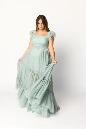 Bella Tiered Tulle Maxi Dress in Sage - Bump Friendly (Final Few)