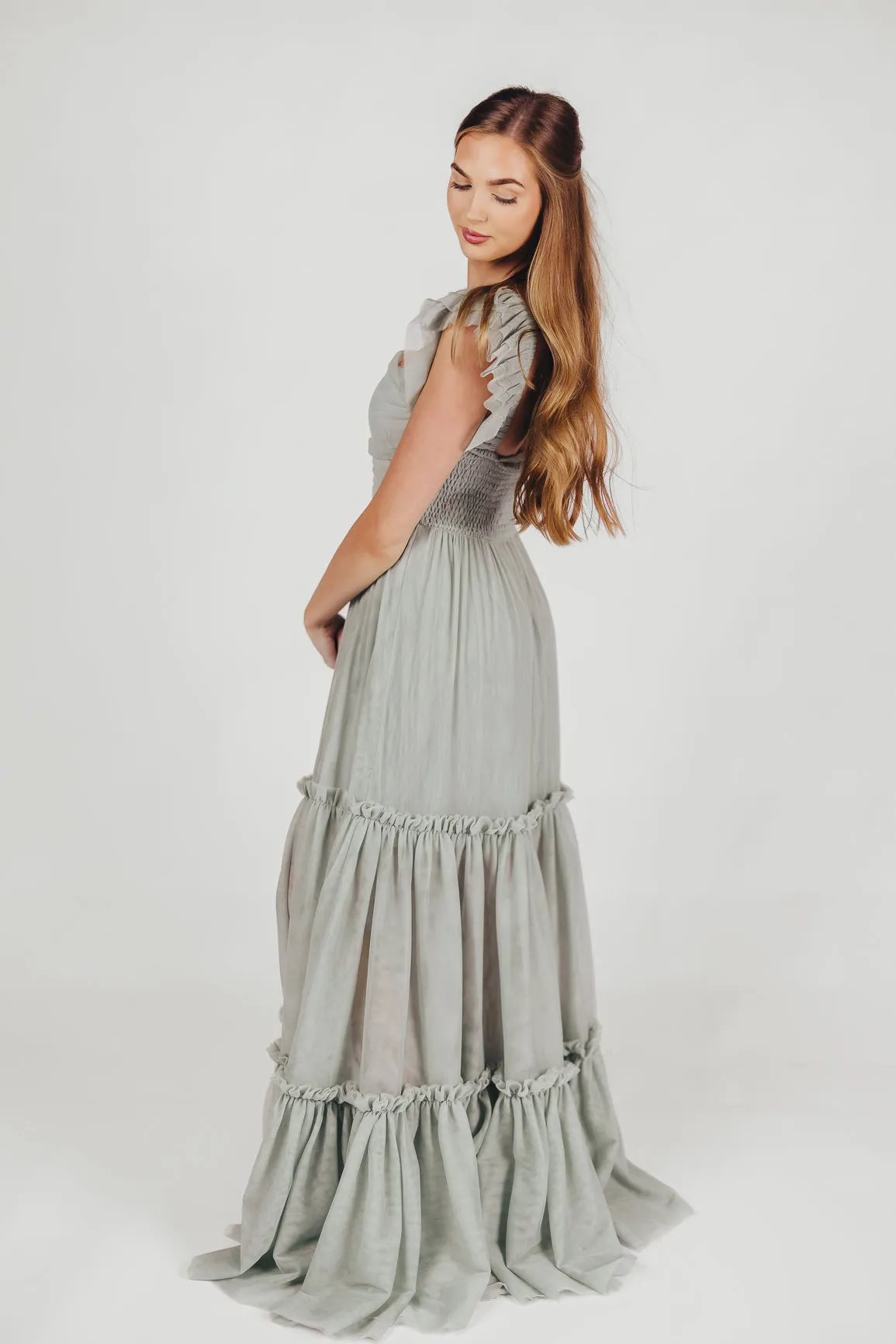 Bella Tiered Tulle Maxi Dress in Sage - Bump Friendly (Final Few)
