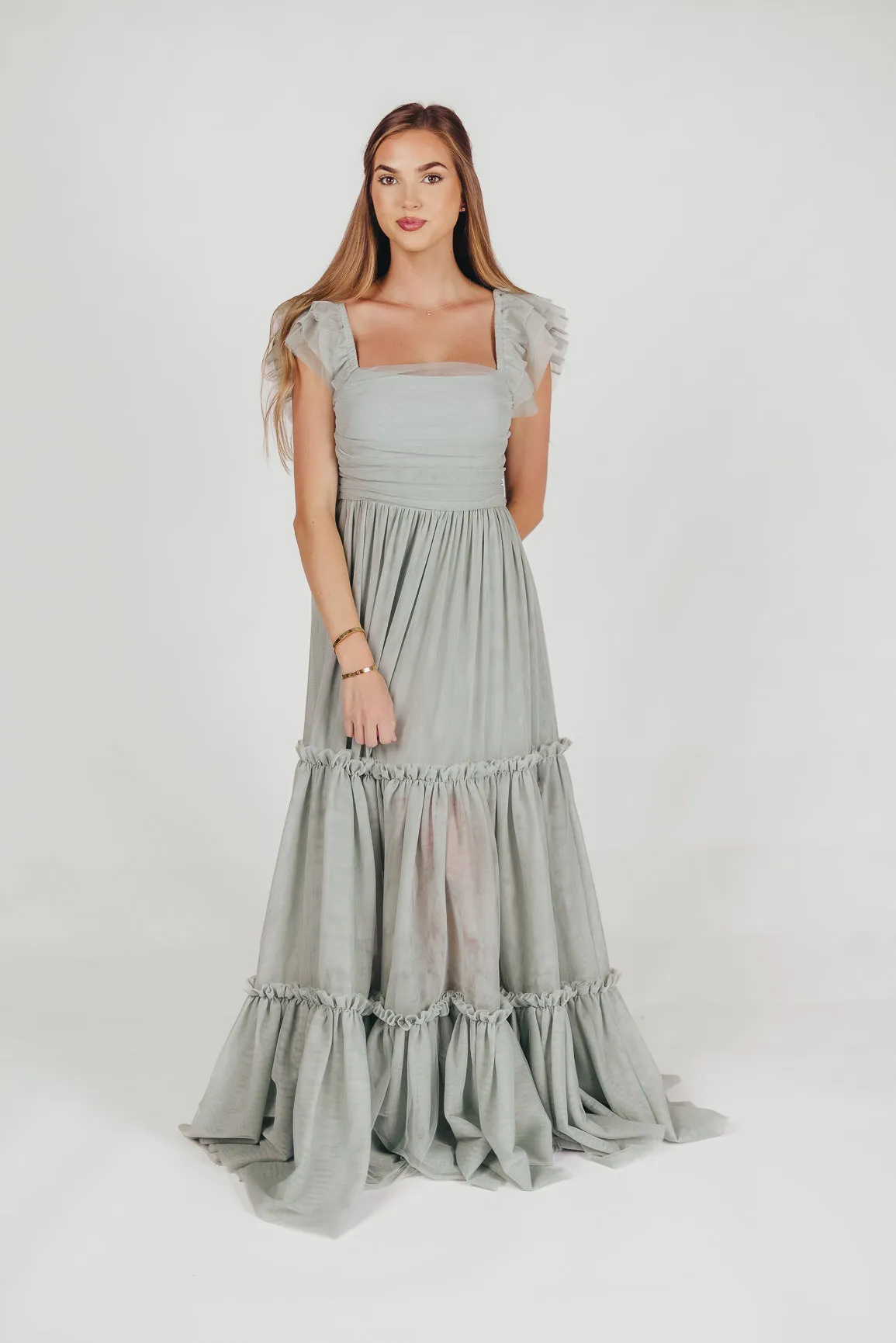 Bella Tiered Tulle Maxi Dress in Sage - Bump Friendly (Final Few)