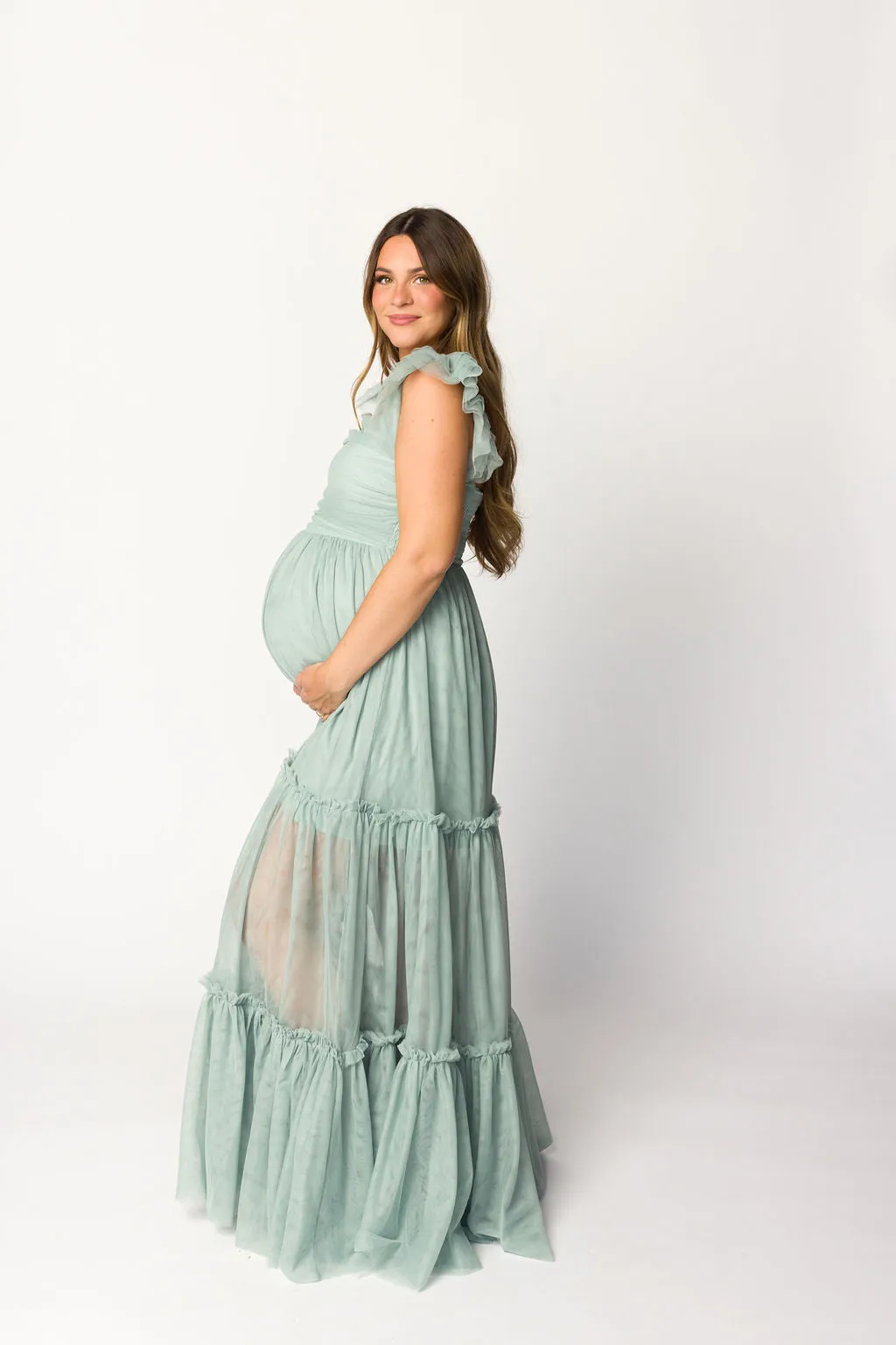 Bella Tiered Tulle Maxi Dress in Sage - Bump Friendly (Final Few)