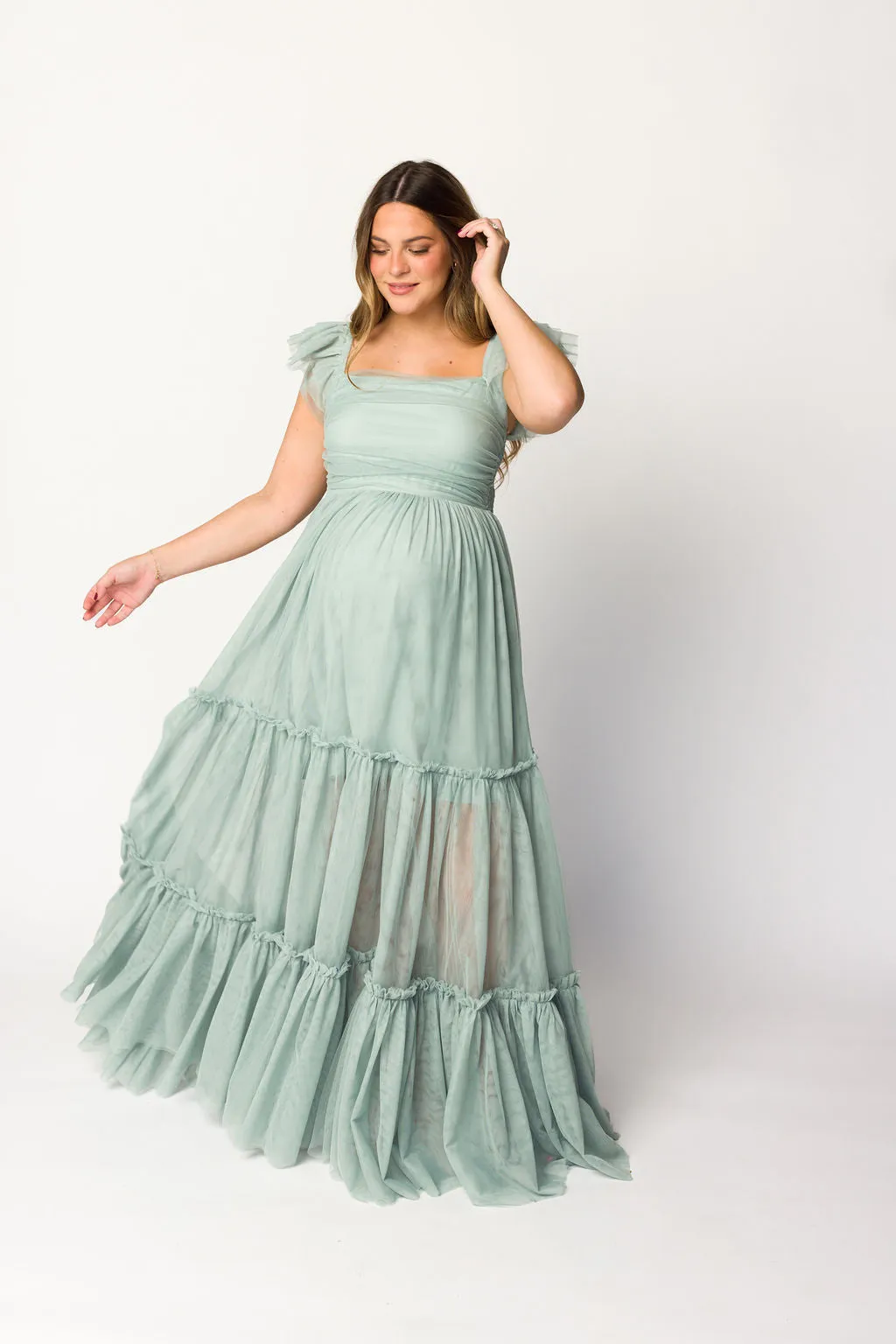 Bella Tiered Tulle Maxi Dress in Sage - Bump Friendly (Final Few)
