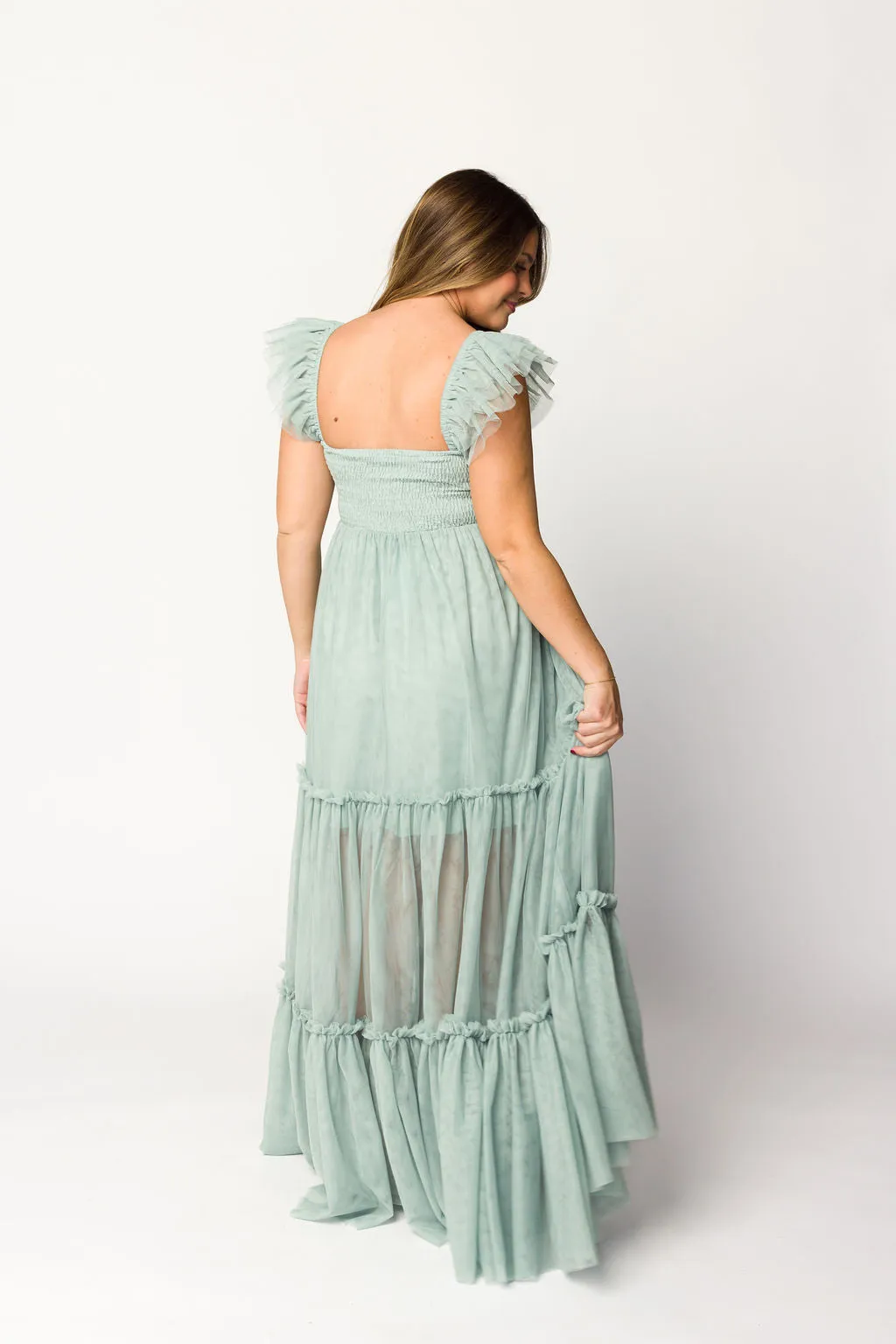 Bella Tiered Tulle Maxi Dress in Sage - Bump Friendly (Final Few)