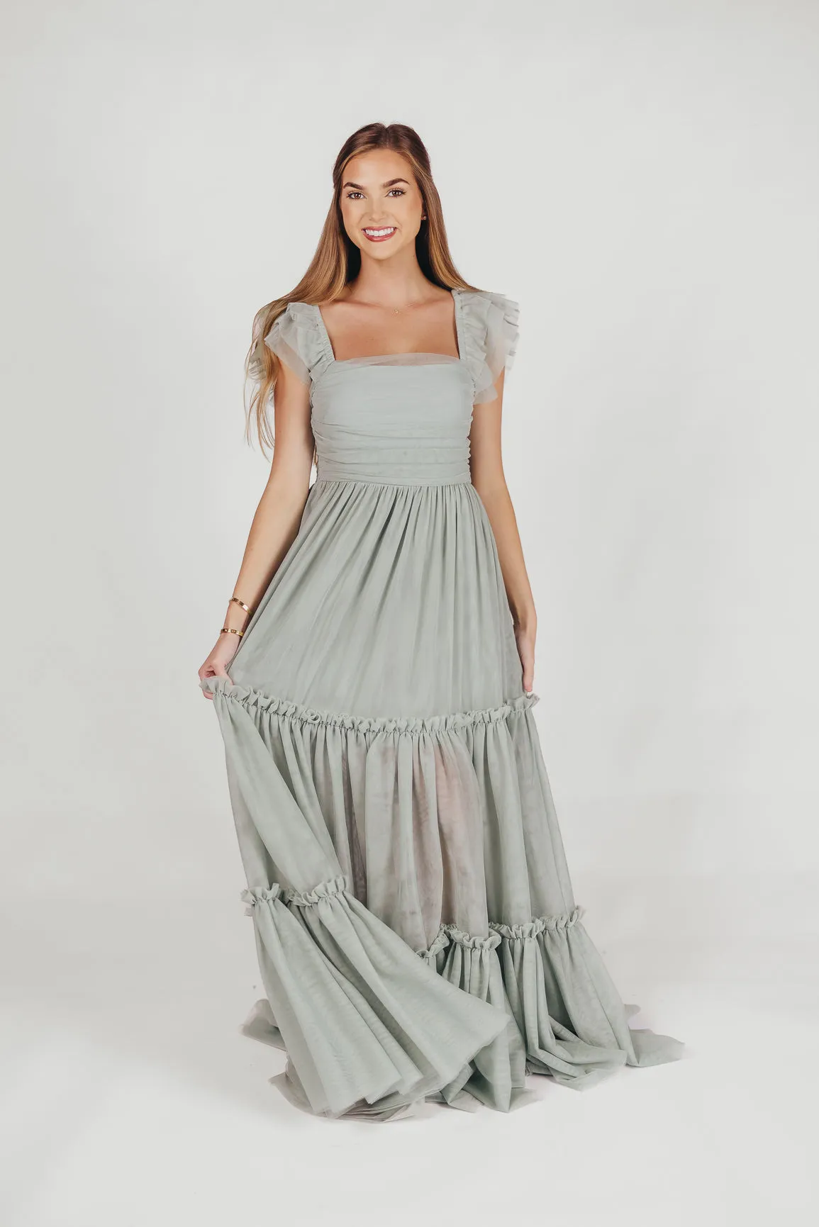 Bella Tiered Tulle Maxi Dress in Sage - Bump Friendly (Final Few)