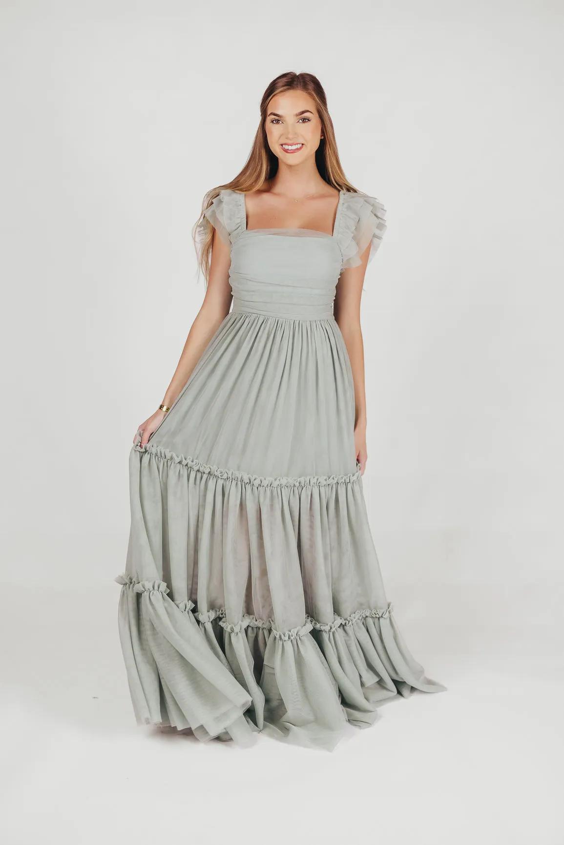 Bella Tiered Tulle Maxi Dress in Sage - Bump Friendly (Final Few)