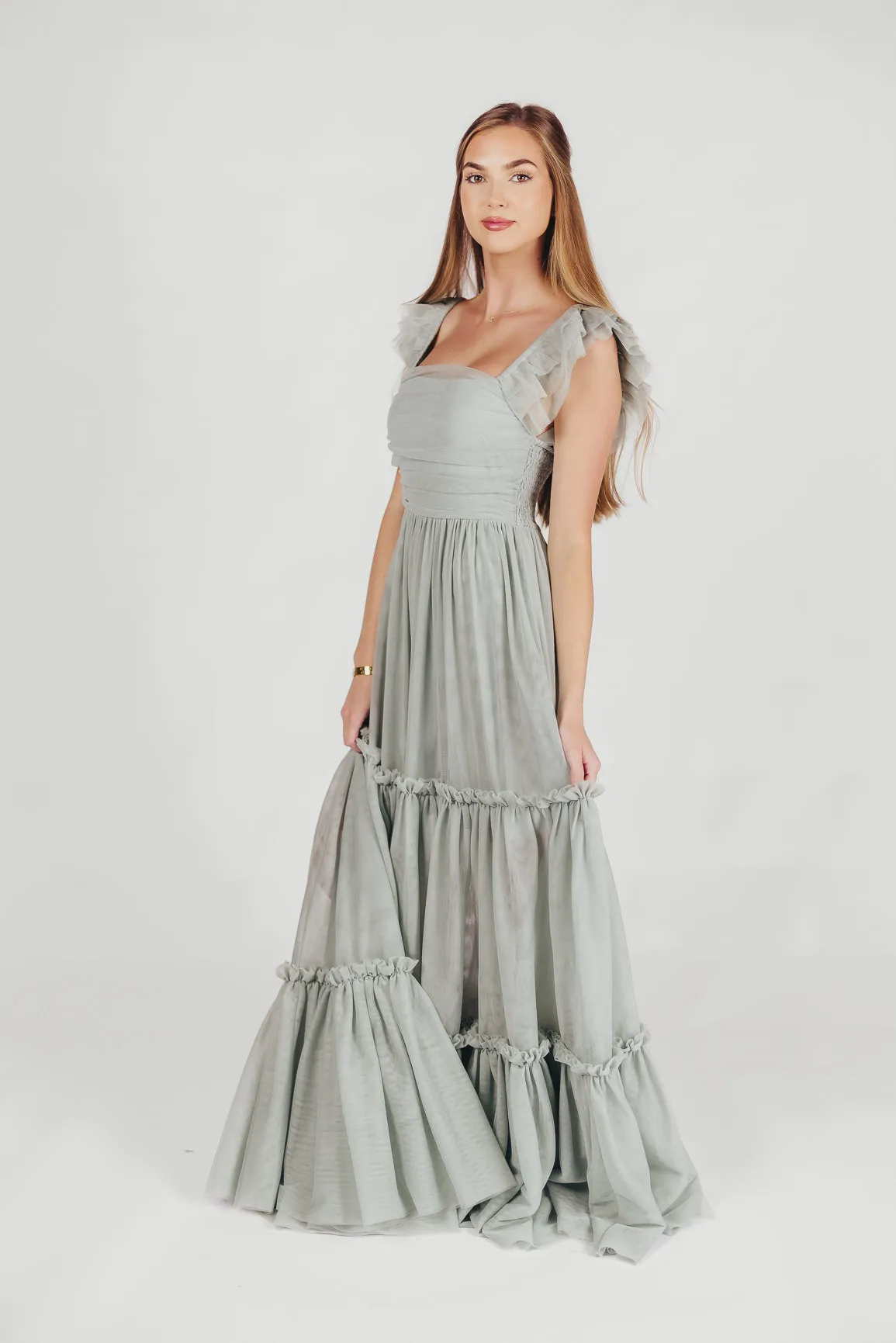 Bella Tiered Tulle Maxi Dress in Sage - Bump Friendly (Final Few)