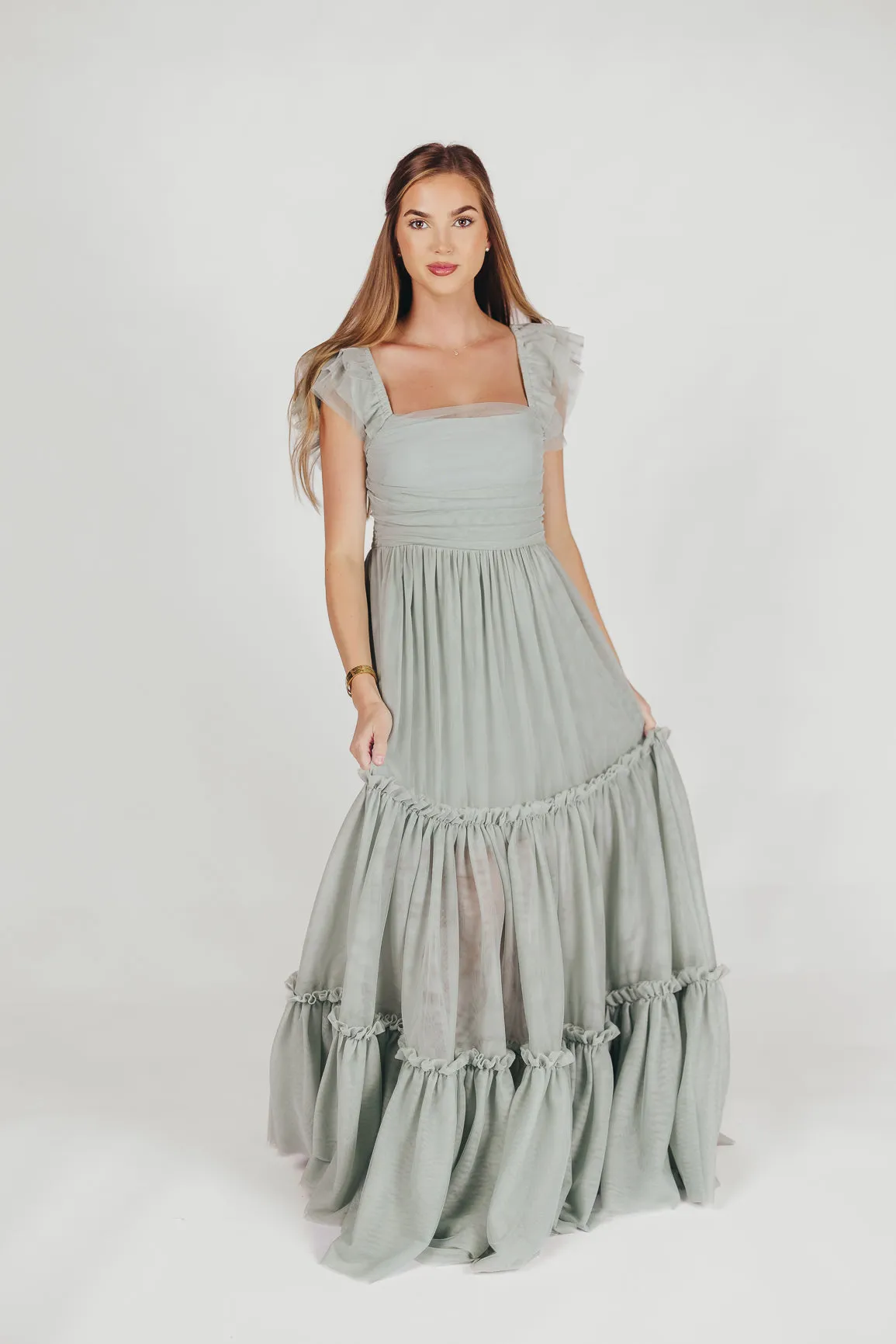 Bella Tiered Tulle Maxi Dress in Sage - Bump Friendly (Final Few)