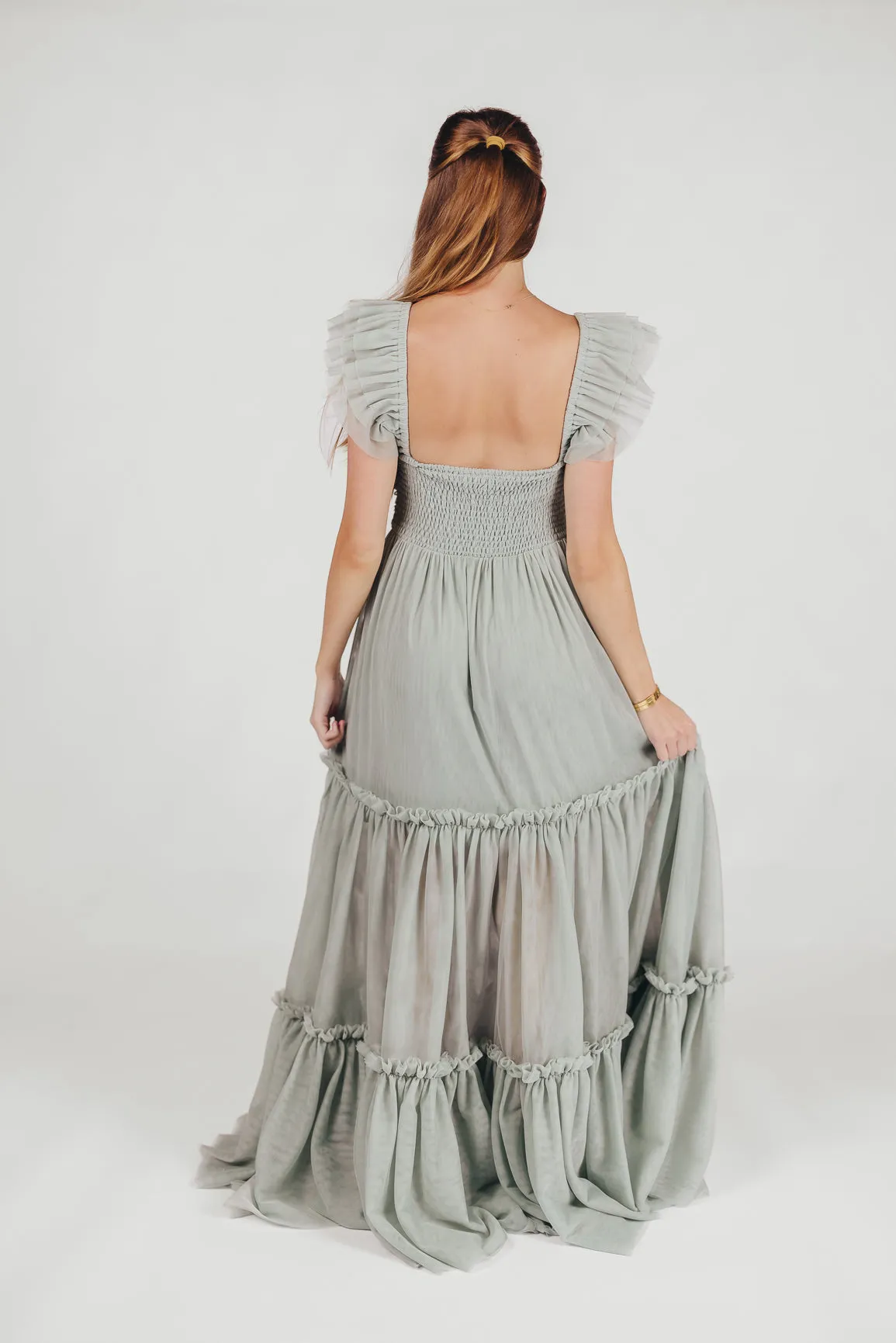 Bella Tiered Tulle Maxi Dress in Sage - Bump Friendly (Final Few)