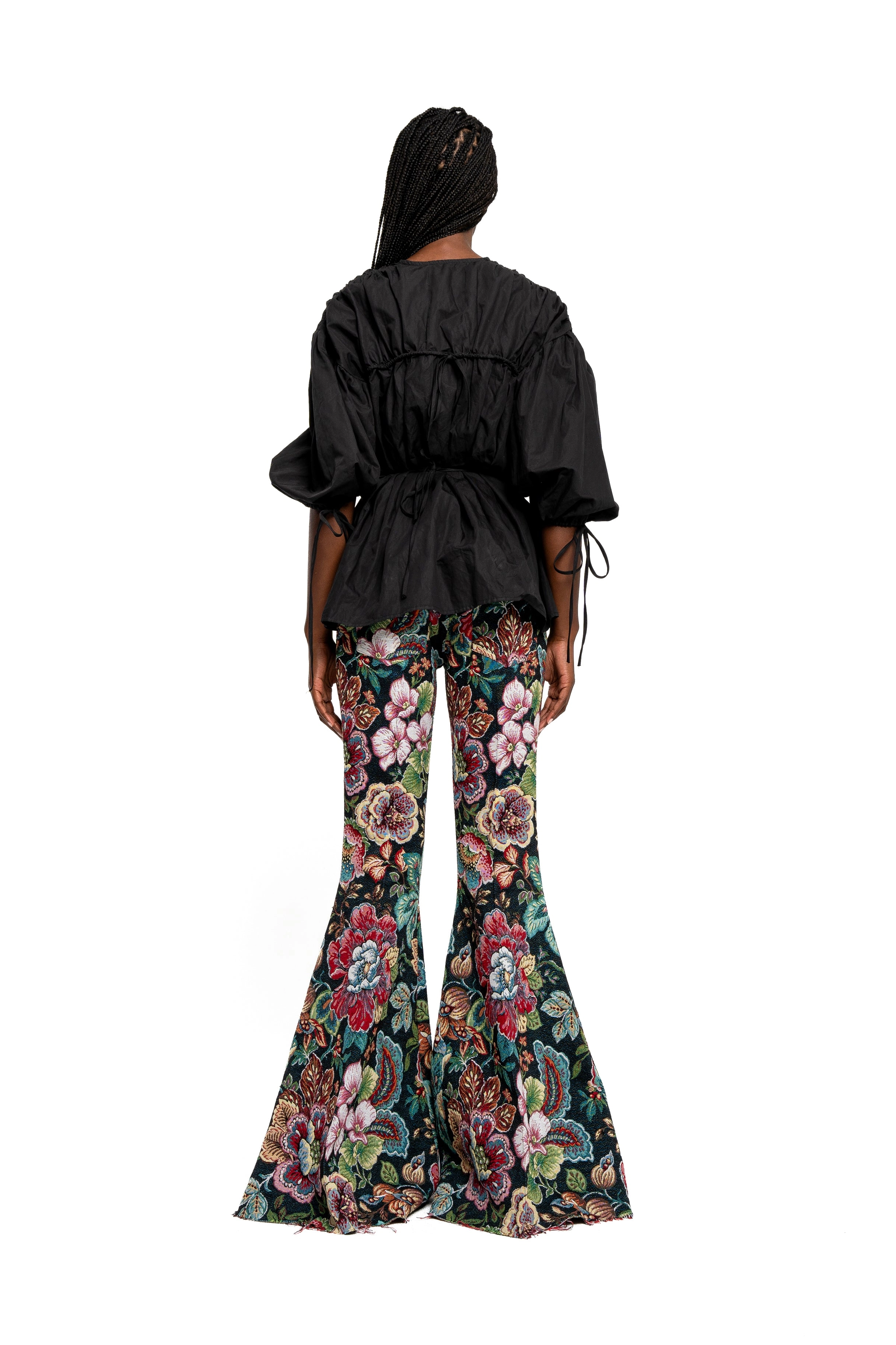 BLACK WRINKLED COTTON LACES RUCHED BLOUSE