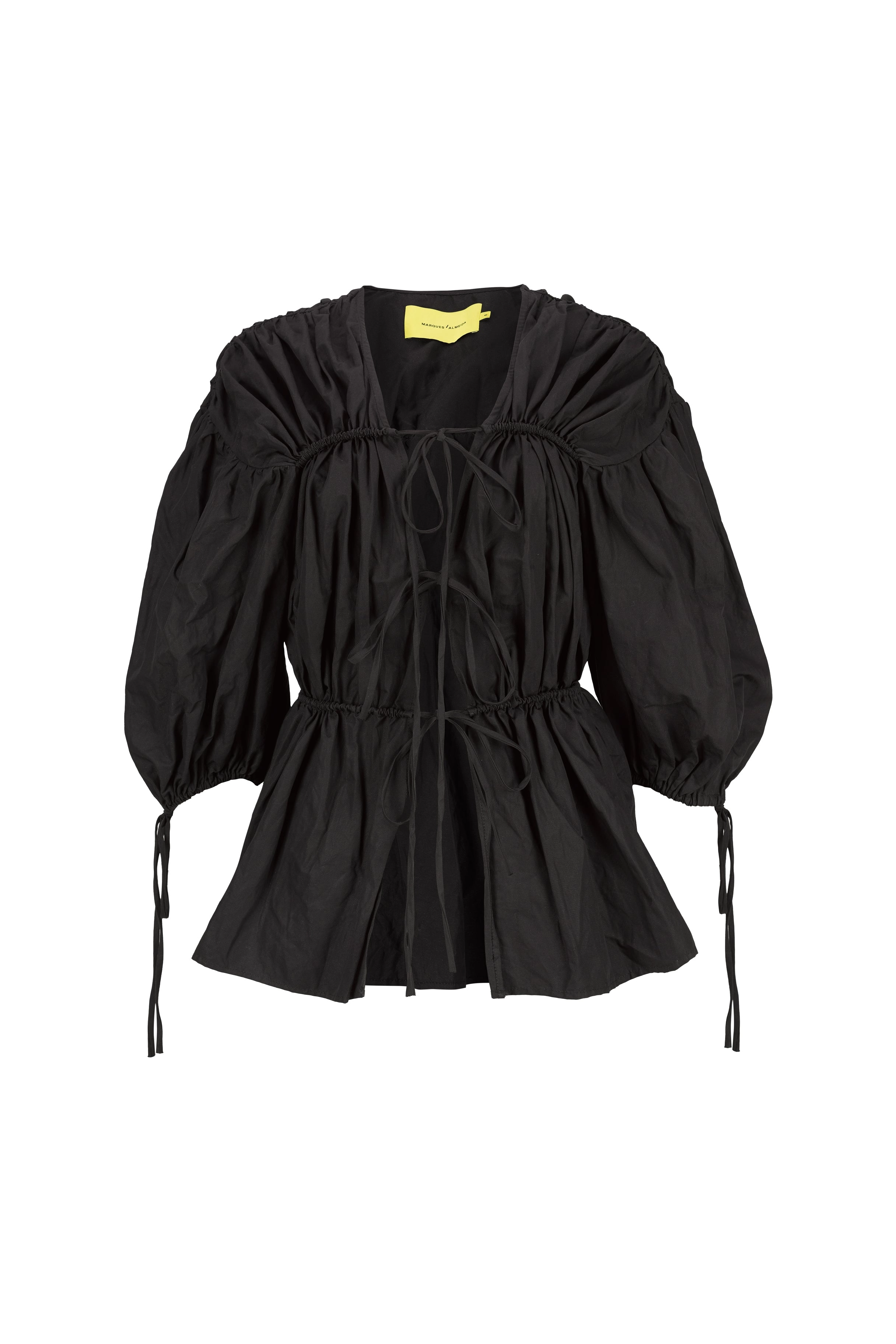 BLACK WRINKLED COTTON LACES RUCHED BLOUSE