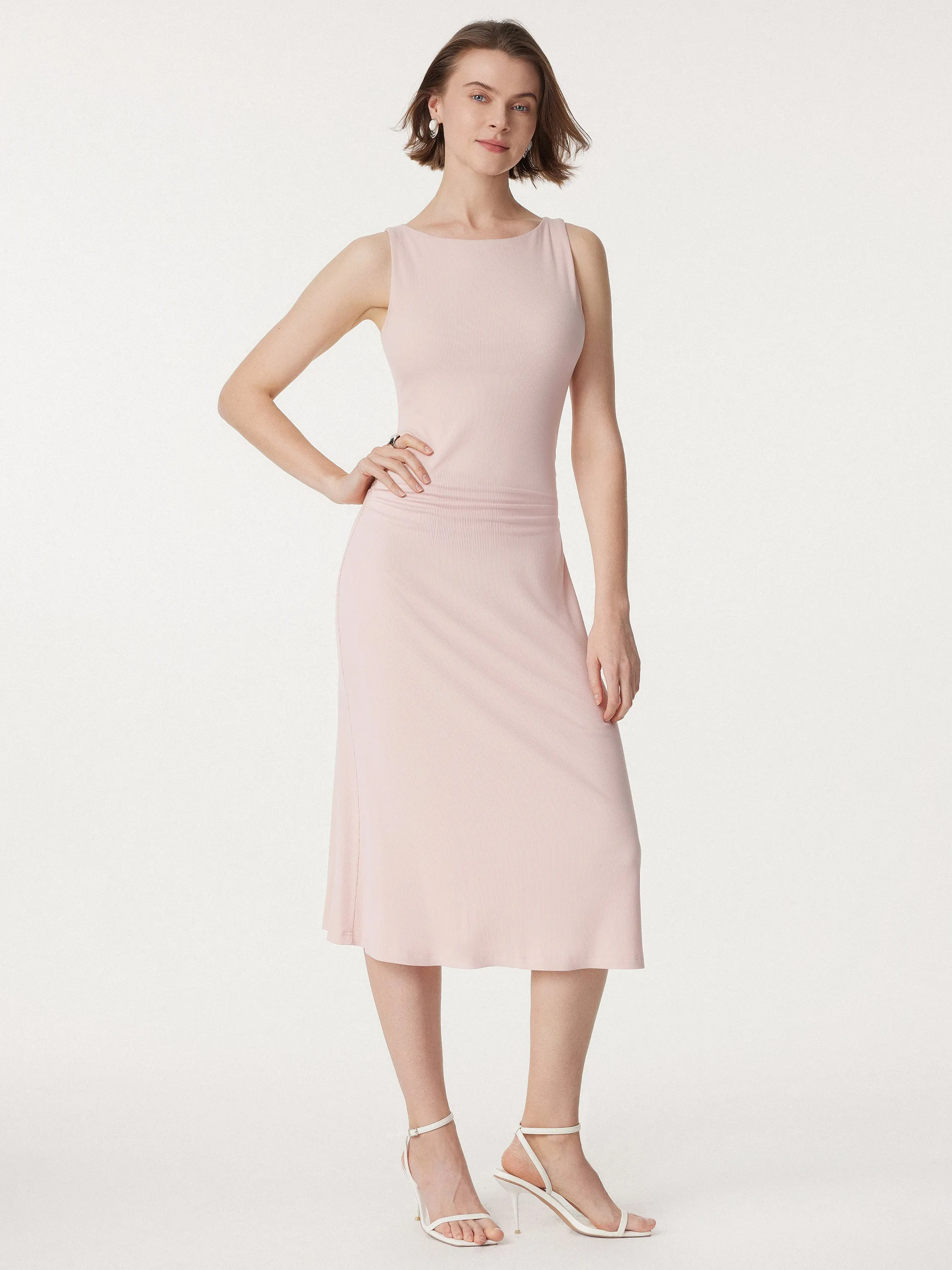Boatneck Side Ruched New Airy Brami Midi Dress