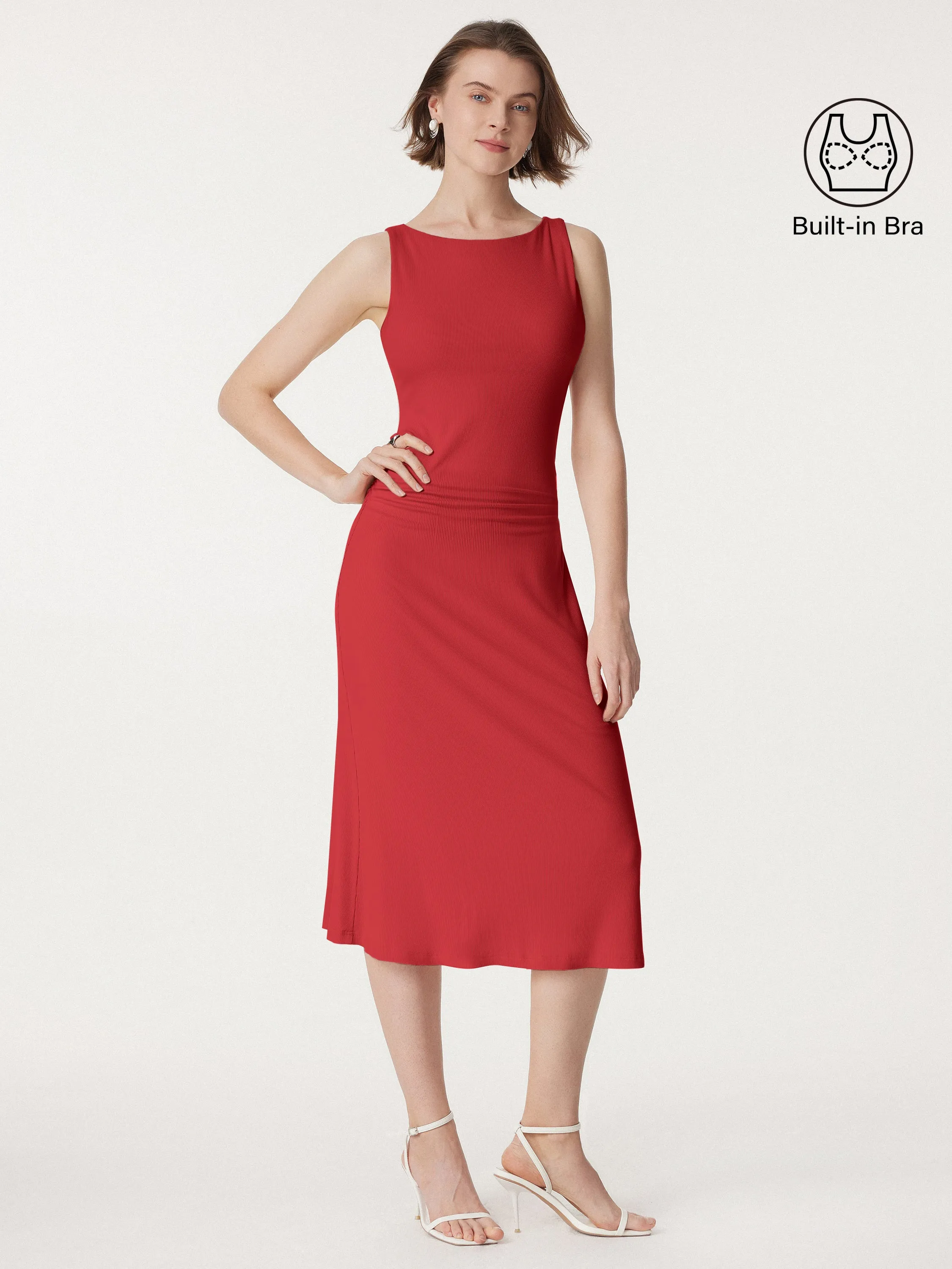 Boatneck Side Ruched New Airy Brami Midi Dress