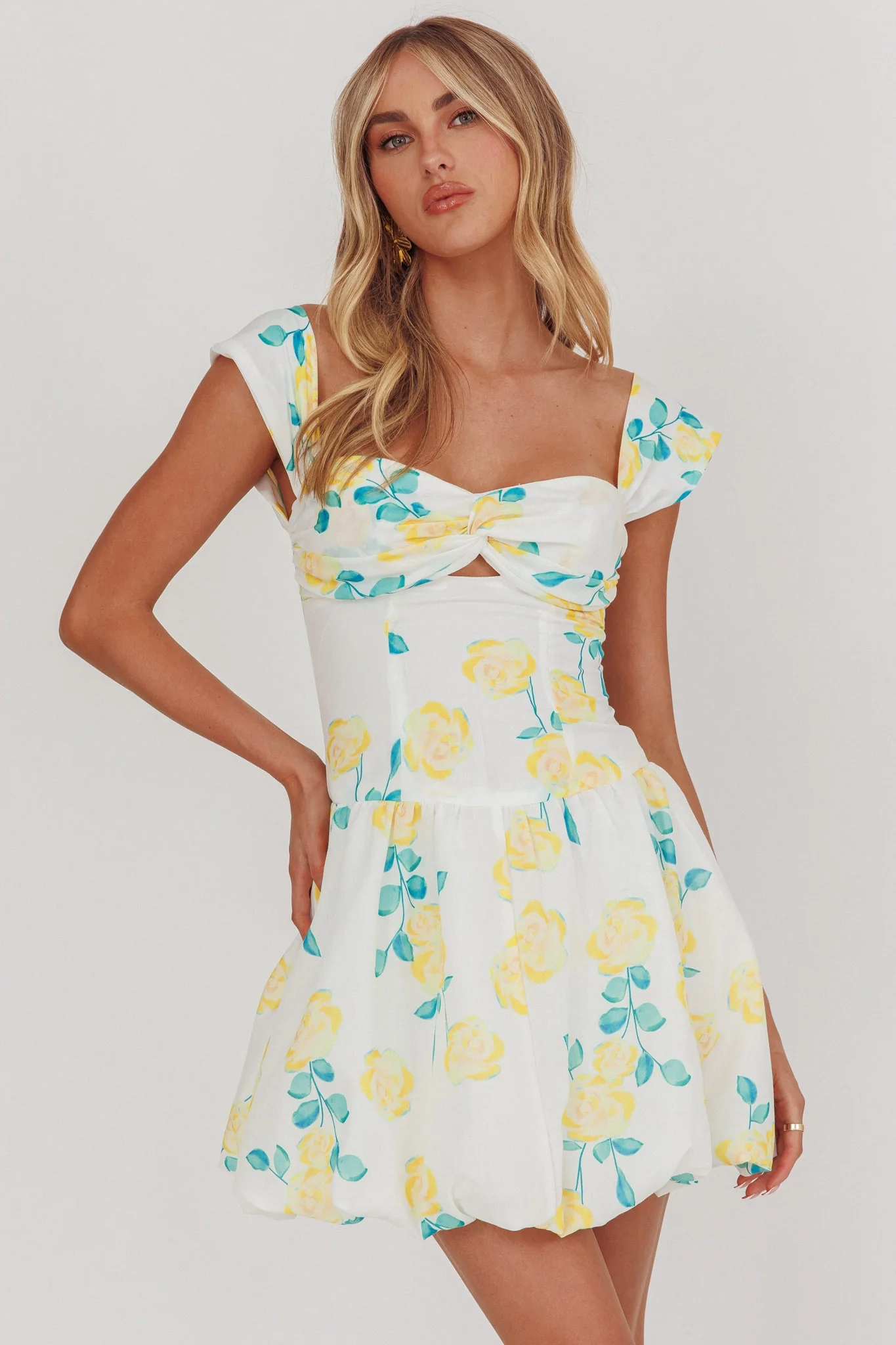 Cadi Twist Bust Balloon Mini Dress Floral Yellow