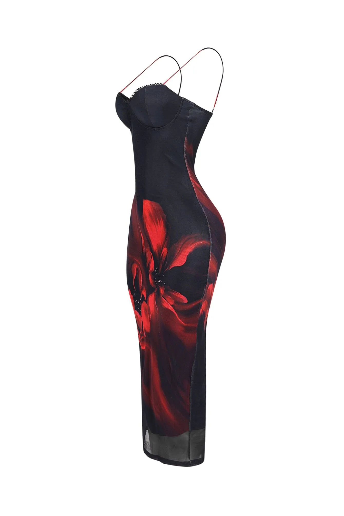 Camellia Floral Mesh Bustier Tank Midi Dress