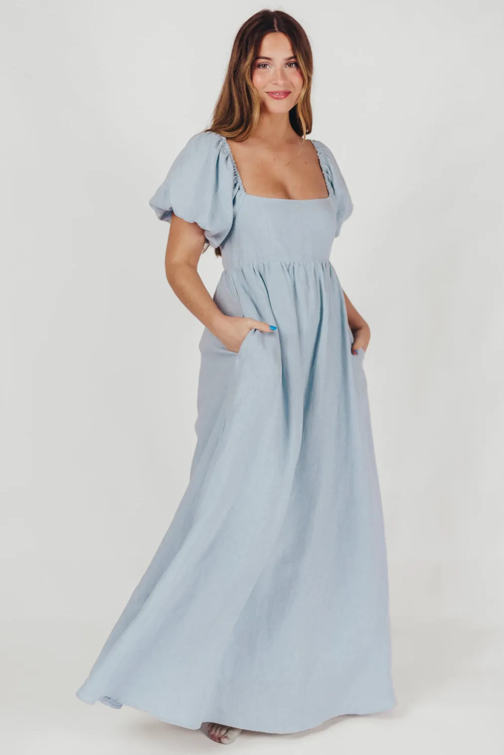 Candace Maxi Dress in Light Blue - 100% Linen - Bump Friendly (Low Stock)