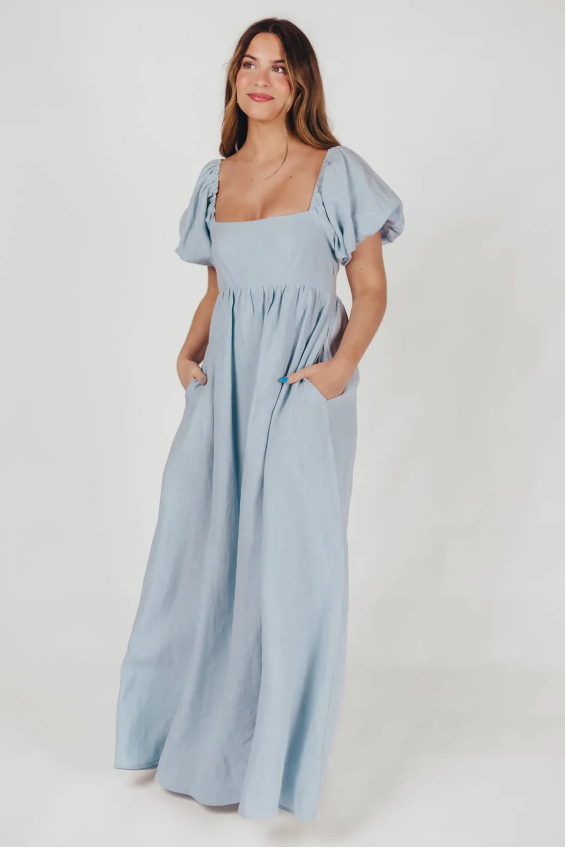 Candace Maxi Dress in Light Blue - 100% Linen - Bump Friendly (Low Stock)