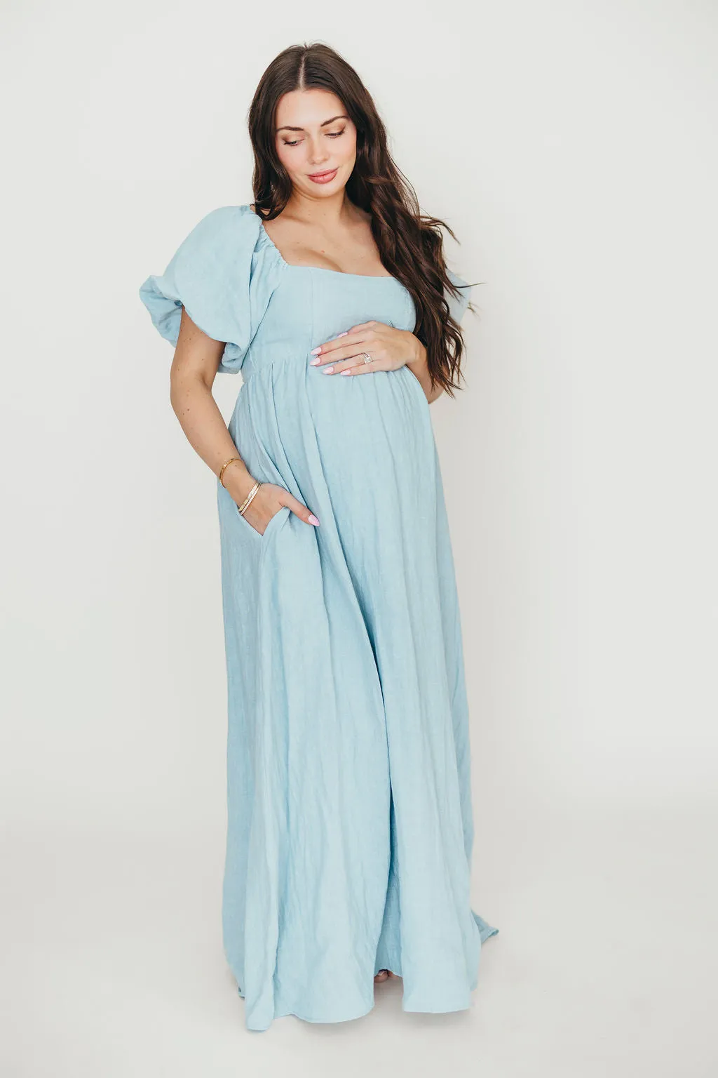 Candace Maxi Dress in Light Blue - 100% Linen - Bump Friendly (Low Stock)