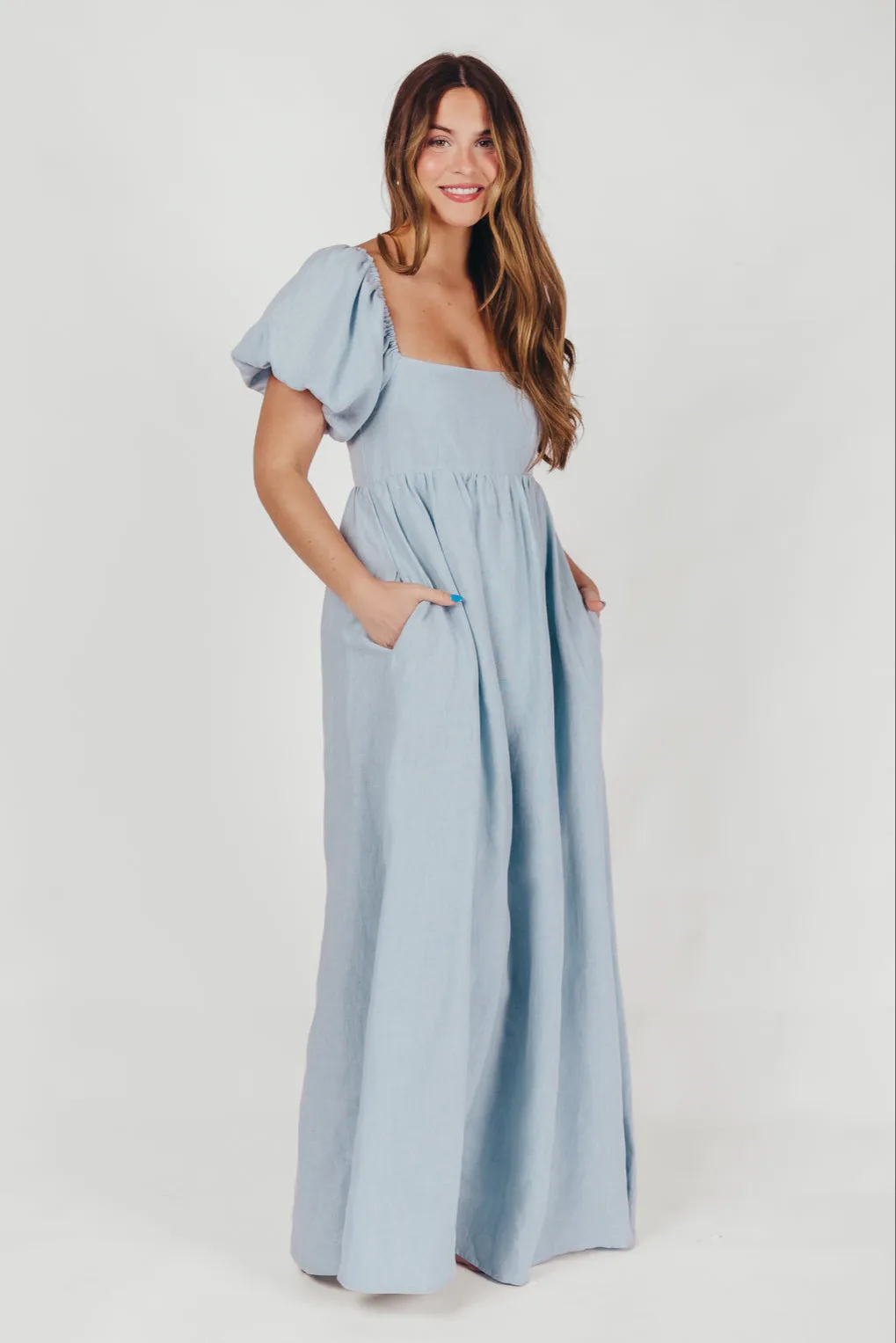 Candace Maxi Dress in Light Blue - 100% Linen - Bump Friendly (Low Stock)